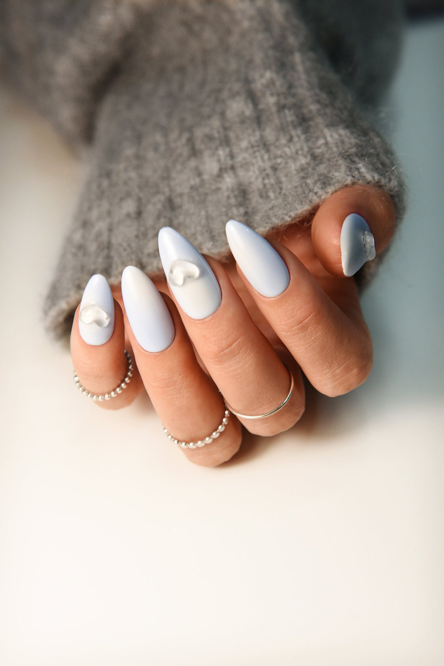 3D Hearts Blue Nails with Ombre White - press on nails for her, pastel glue on nails, blueberry milk cute fake nails, almond press ons, long