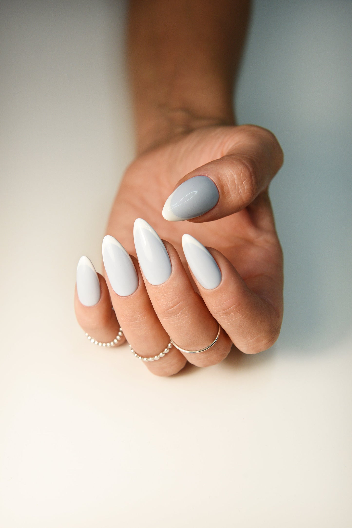 Blueberry Milk with thin line French - clean girl, old money look. Set of 10 press on nails - short, medium, long, almond, coffin, stiletto