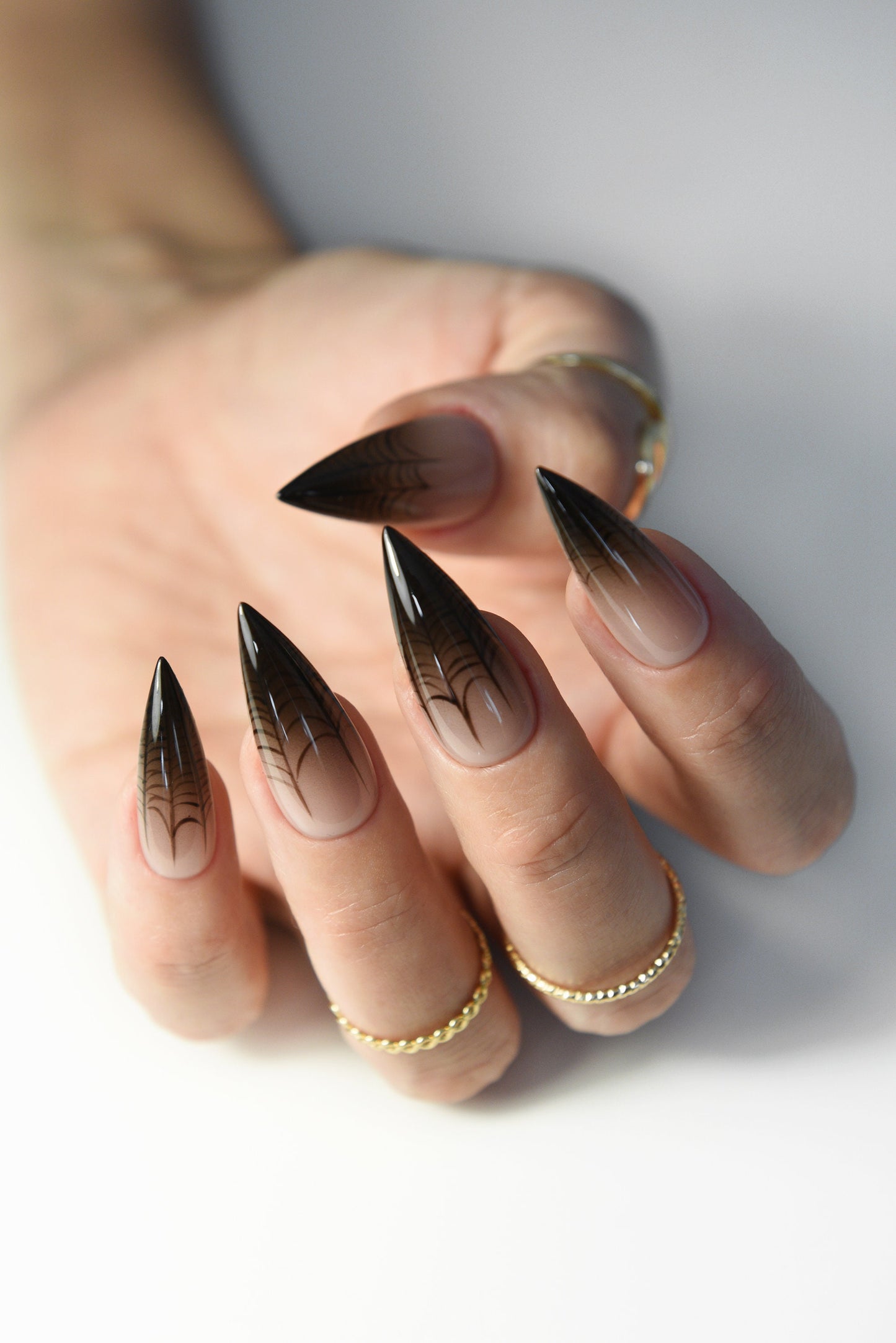 Halloween Spiderweb Press-On Nails – Nude Ombre Stiletto, Spooky Handmade & Reusable