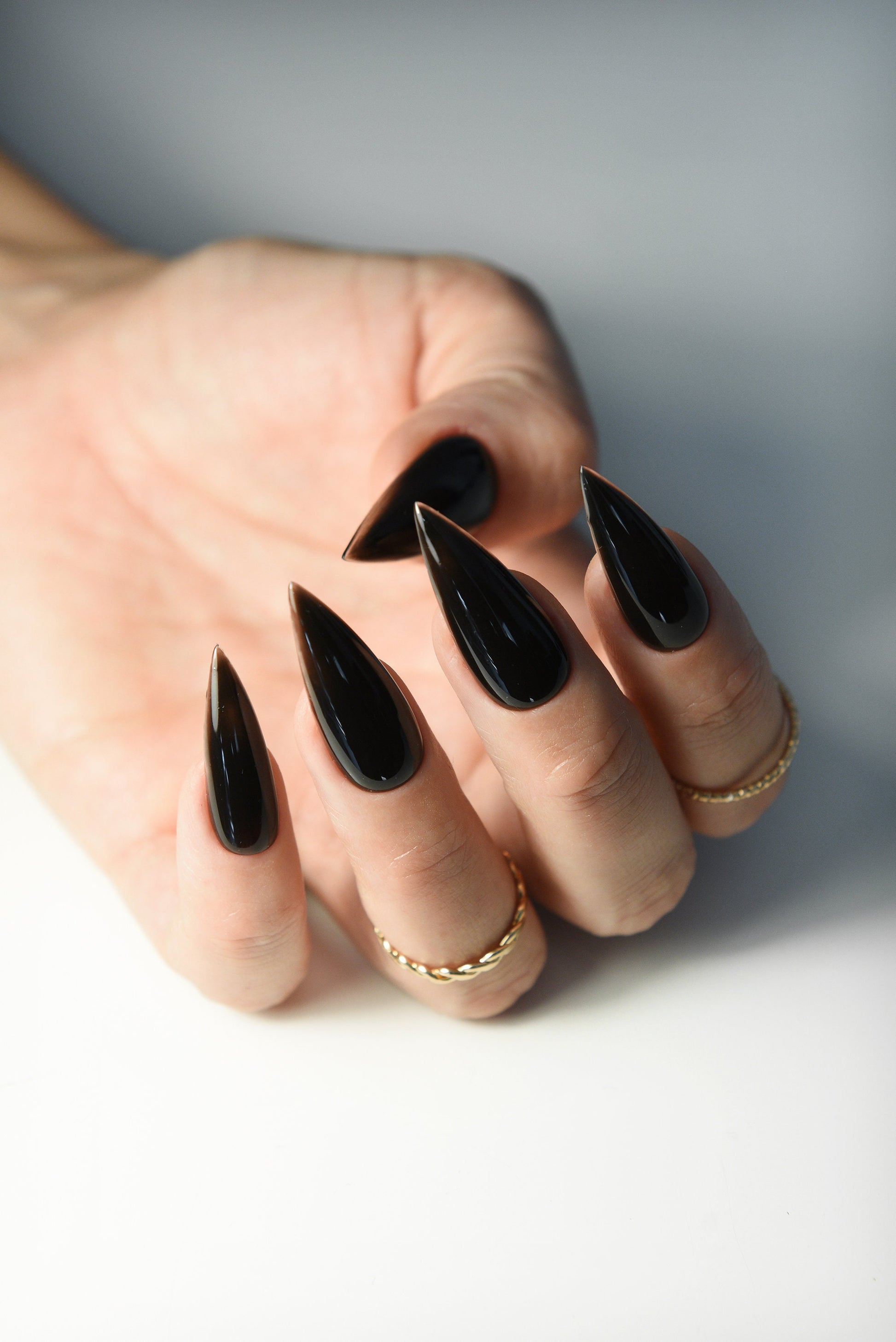 JELLY BLACK Korean style press on nail art, gothic simple clean nails for fall winter, halloween nails, goth, stiletto long medium short