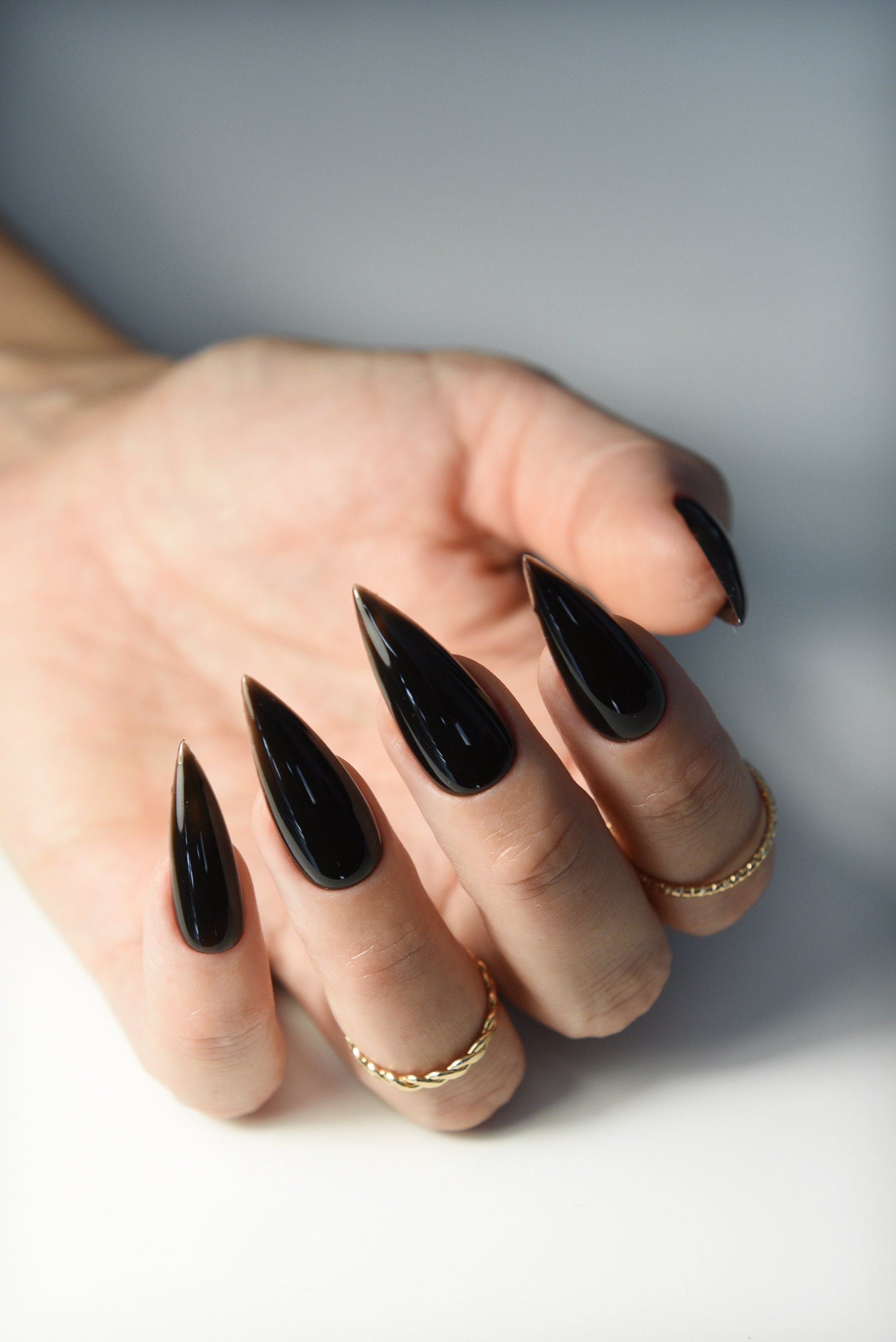 JELLY BLACK Korean style press on nail art, gothic simple clean nails for fall winter, halloween nails, goth, stiletto long medium short