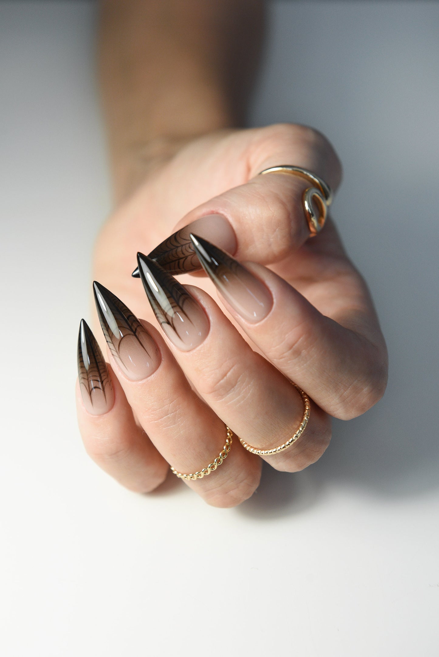 Halloween Spiderweb Press-On Nails – Nude Ombre Stiletto, Spooky Handmade & Reusable
