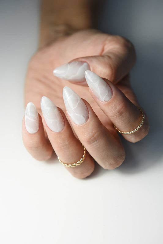 WHITE MARBLE Gel press on nails acrylic like salon quality home manicure for winter, fake nails medium almond shape as a christmas gift – Luxury Handmade Reusable Press On Nails