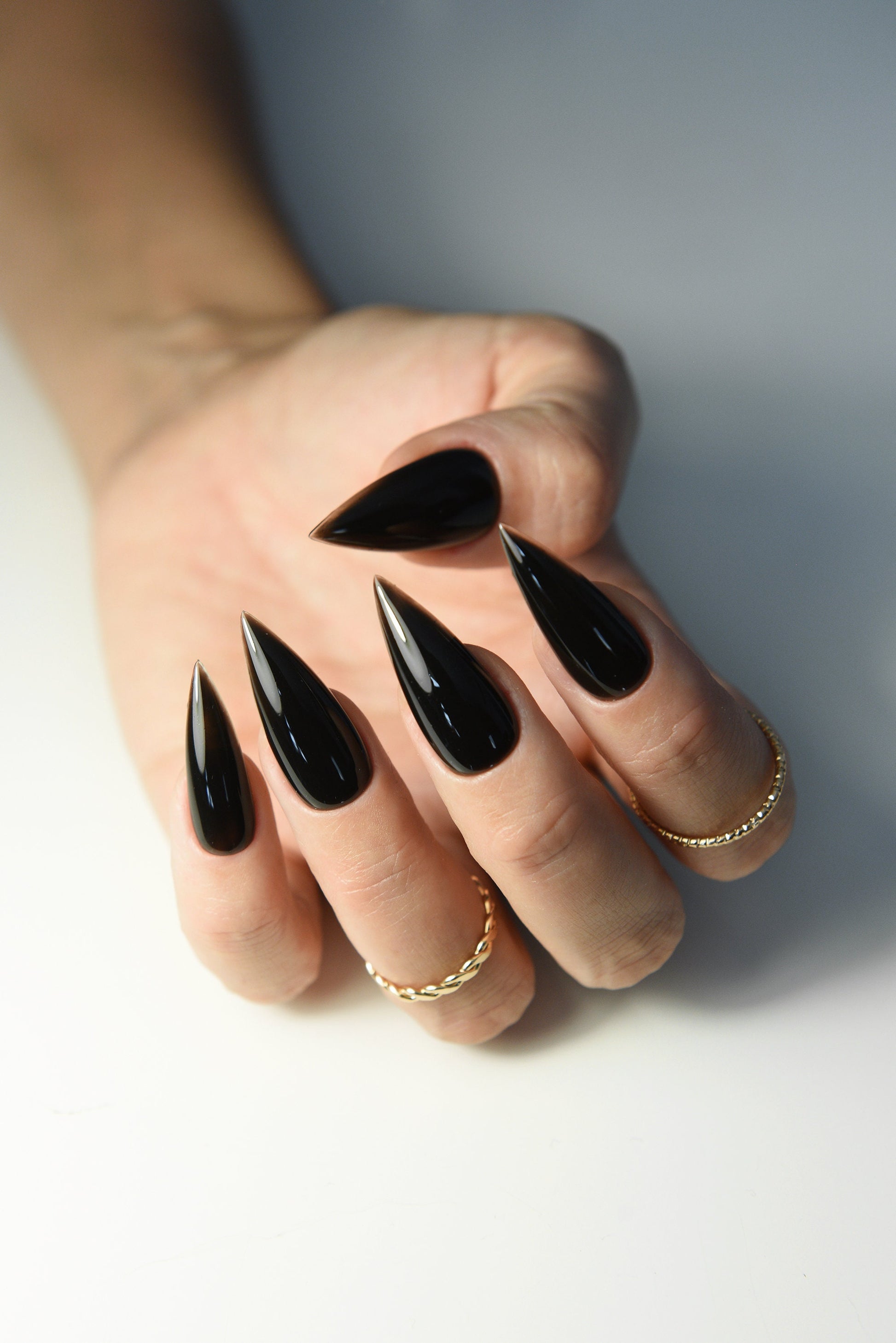 JELLY BLACK Korean style press on nail art, gothic simple clean nails for fall winter, halloween nails, goth, stiletto long medium short