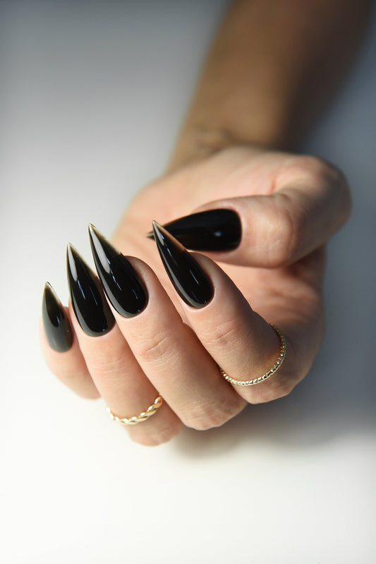 JELLY BLACK Korean style press on nail art, gothic simple clean nails for fall winter, halloween nails, goth, stiletto long medium short