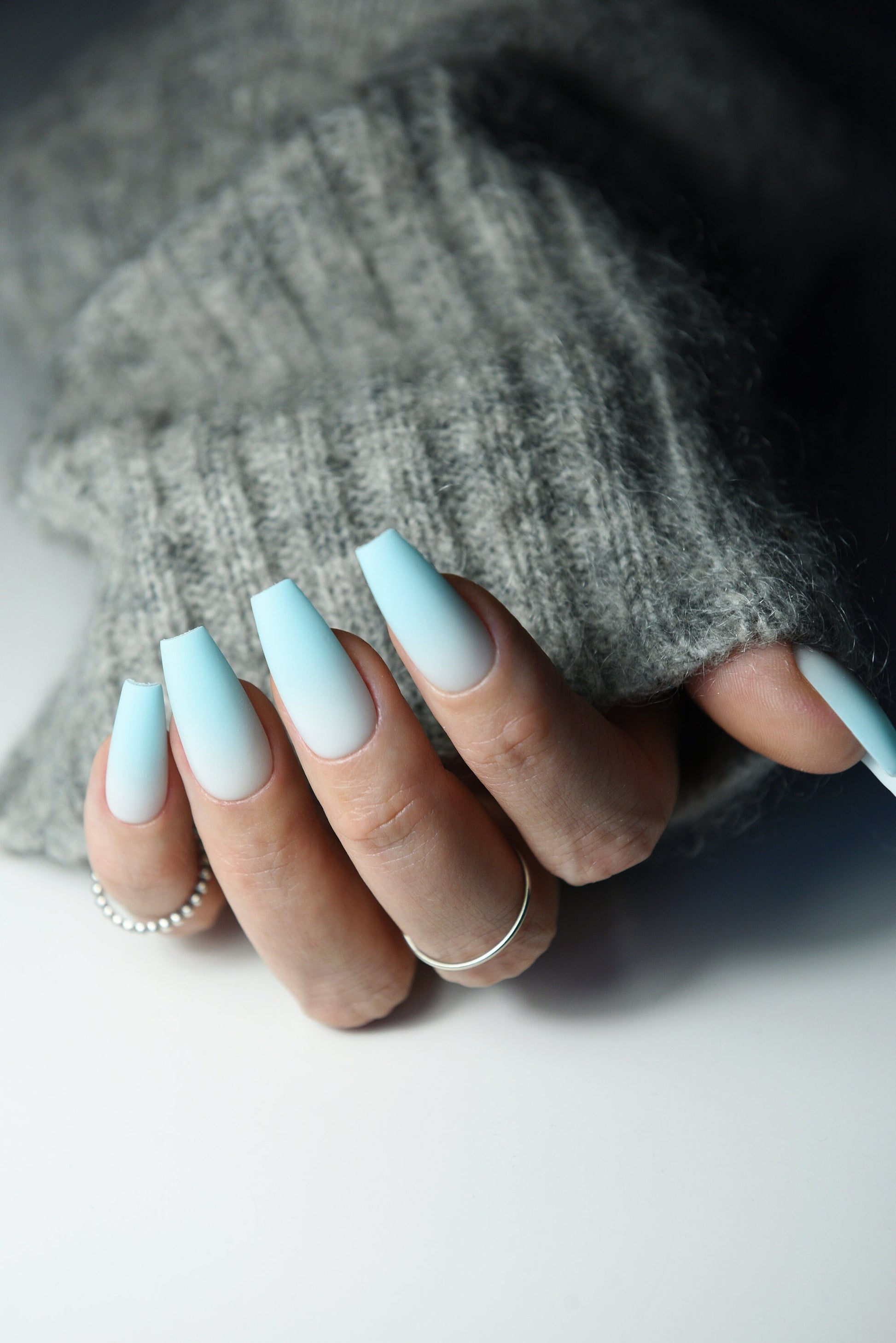 Blue Ombre winter snowy strong as salon acrylic manicure set of 10 gel press on nails with gradient. Reusable natural looking glue on long