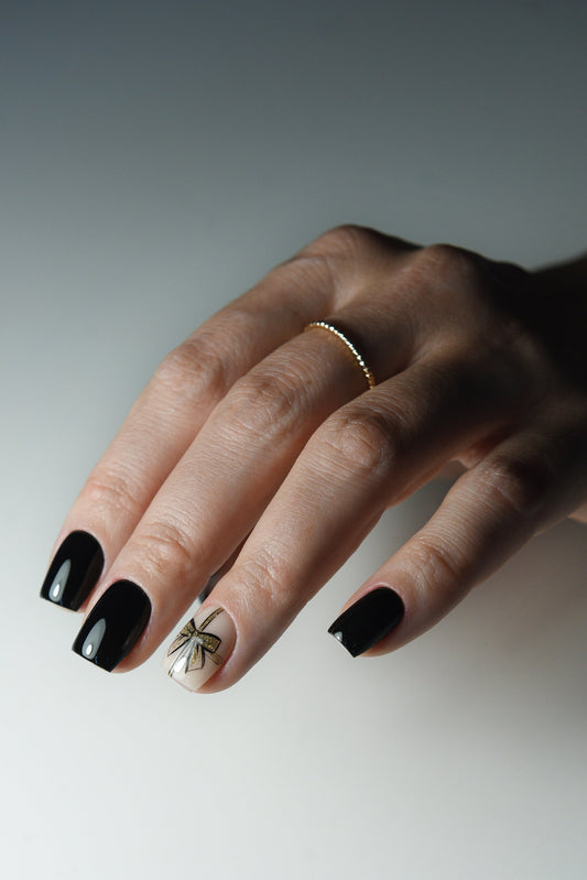 Black Stylish Luxury Press On nails set with Glitter flash reflective gift golden bow nail art, short square, long coffin, glossy matte gel – Luxury Handmade Reusable Press On Nails