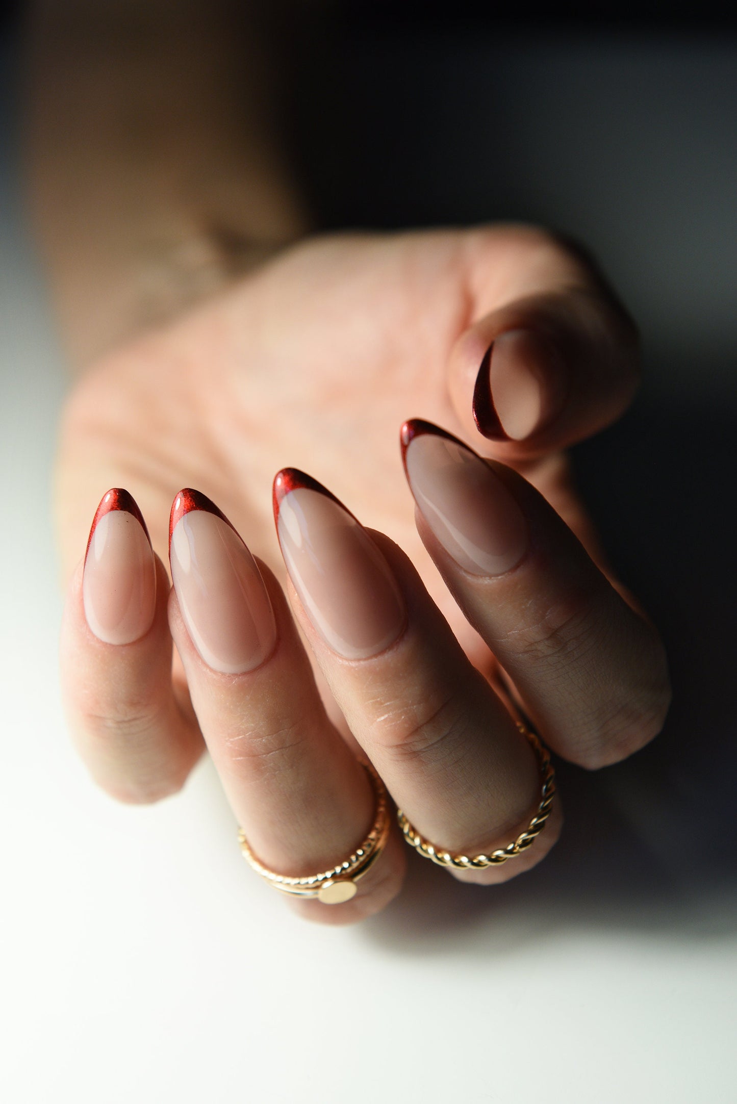 Christmas Red Glitter French Press-On Nails – Nude Base | Handmade Reusable Set | Festive Holiday Gift for Her