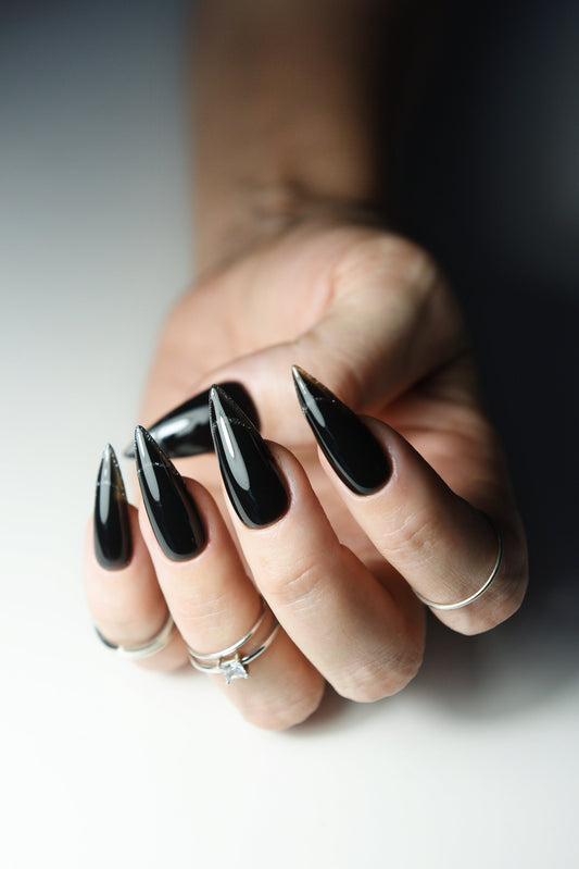 Jelly Black Reflective French Press On Nails korean style nail art, long stiletto, winter nails, christmas nails, coffin, oval, square short – Luxury Handmade Reusable Press On Nails