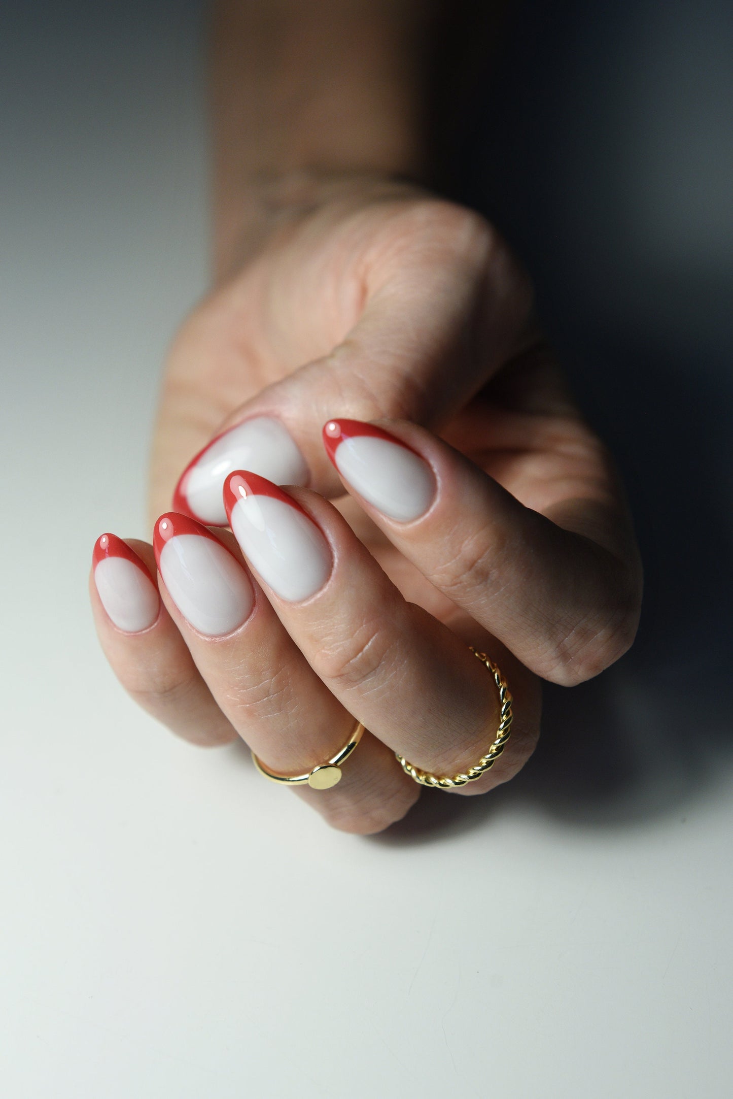 White & Red French Press-On Nails – Romantic Handmade Nail Set