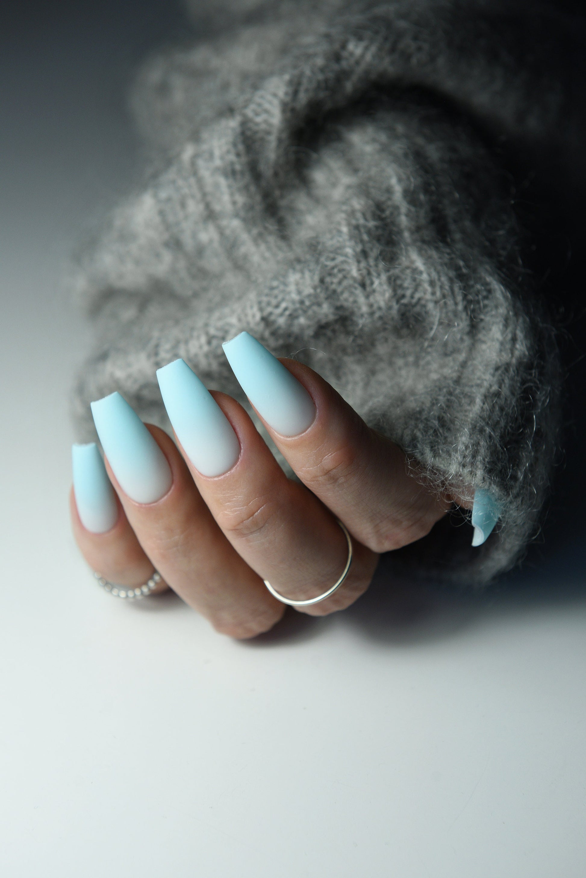 Blue Ombre winter snowy strong as salon acrylic manicure set of 10 gel press on nails with gradient. Reusable natural looking glue on long