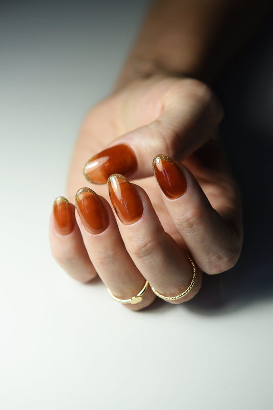 Korean Jelly Tea coloured press on nails with reflective golden flash glitter french tips, medium oval, long coffin, short square stiletto