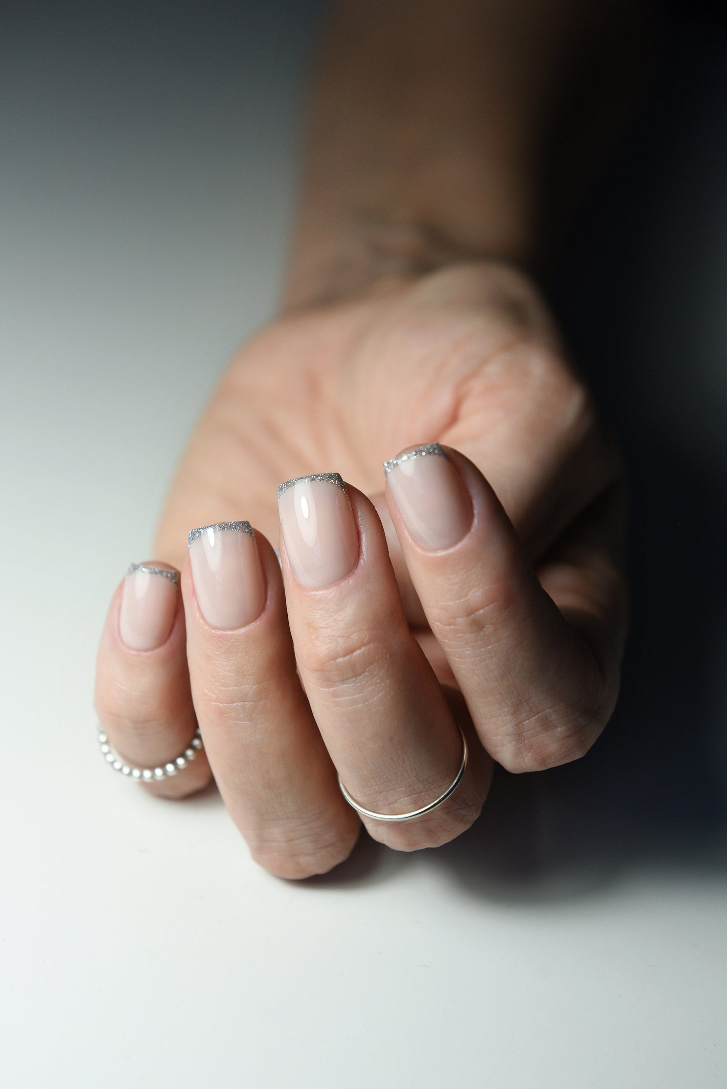 Flash Silver French Press On Nails – Sparkly Winter Nails, Durable Builder Gel, Luxury Handmade Set