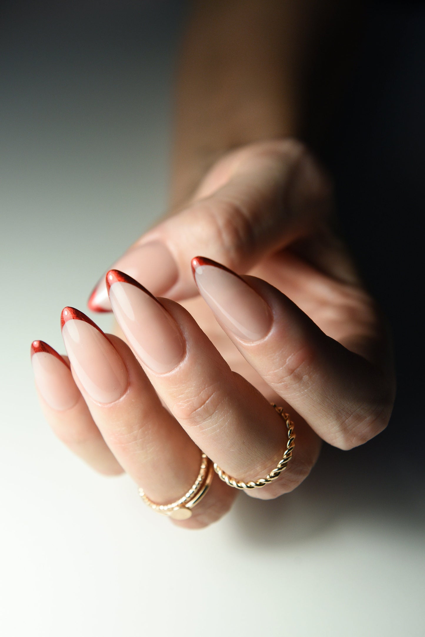 Christmas Red Glitter French Press-On Nails – Nude Base | Handmade Reusable Set | Festive Holiday Gift for Her