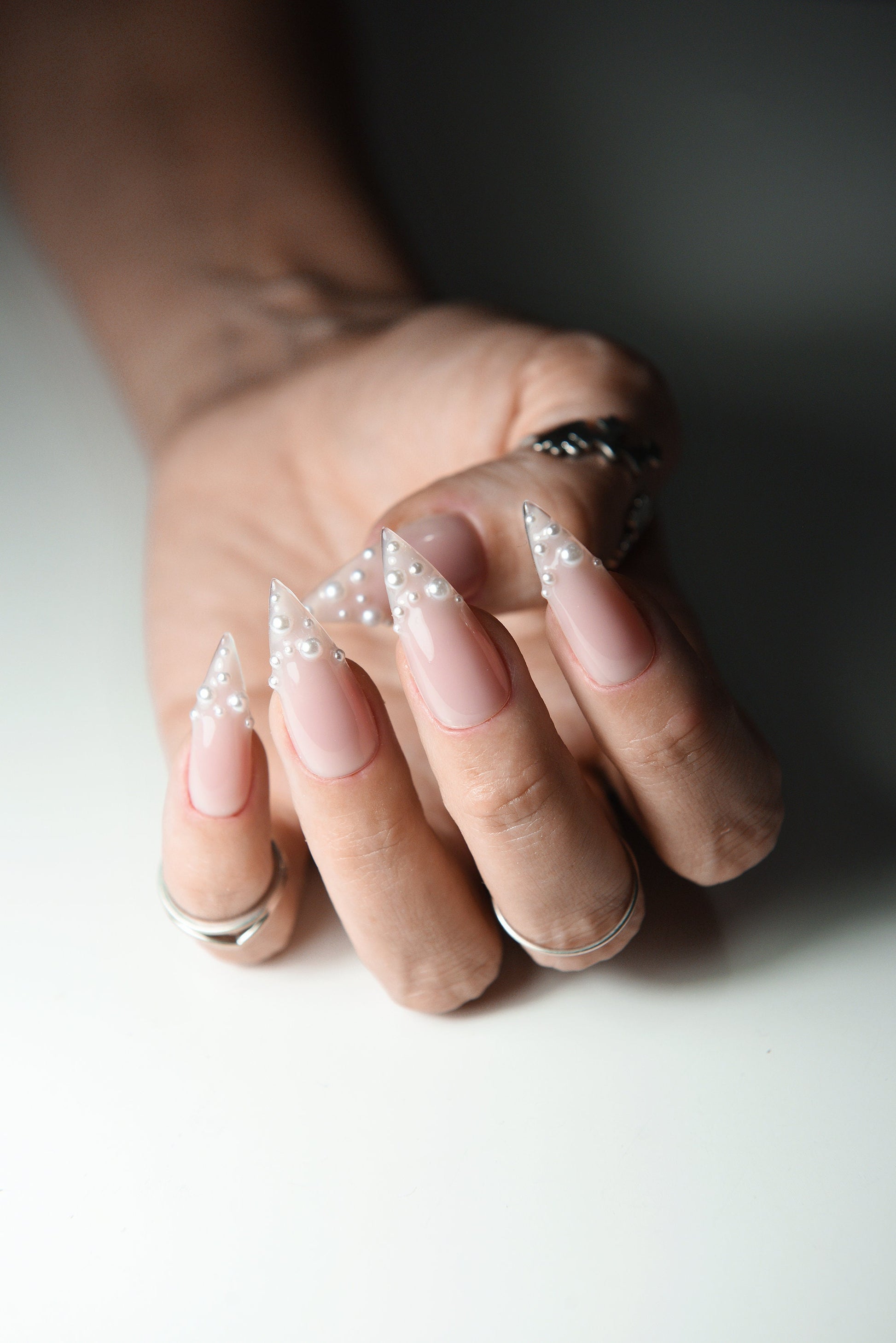 PEARL NUDE FRENCH Nails Clean girl style aesthetic simple minimalistic press on nails, fake glue on, stiletto, almond square coffin, long – Luxury Handmade Reusable Press On Nails