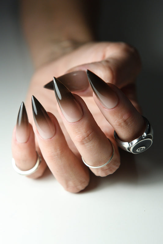 GOTH OMBRE Nude To Black Press On Nails Stiletto Almond Square Long Short, Reusable, acrylic like gothic fake nails, goth girl aesthetic – Luxury Handmade Reusable Press On Nails