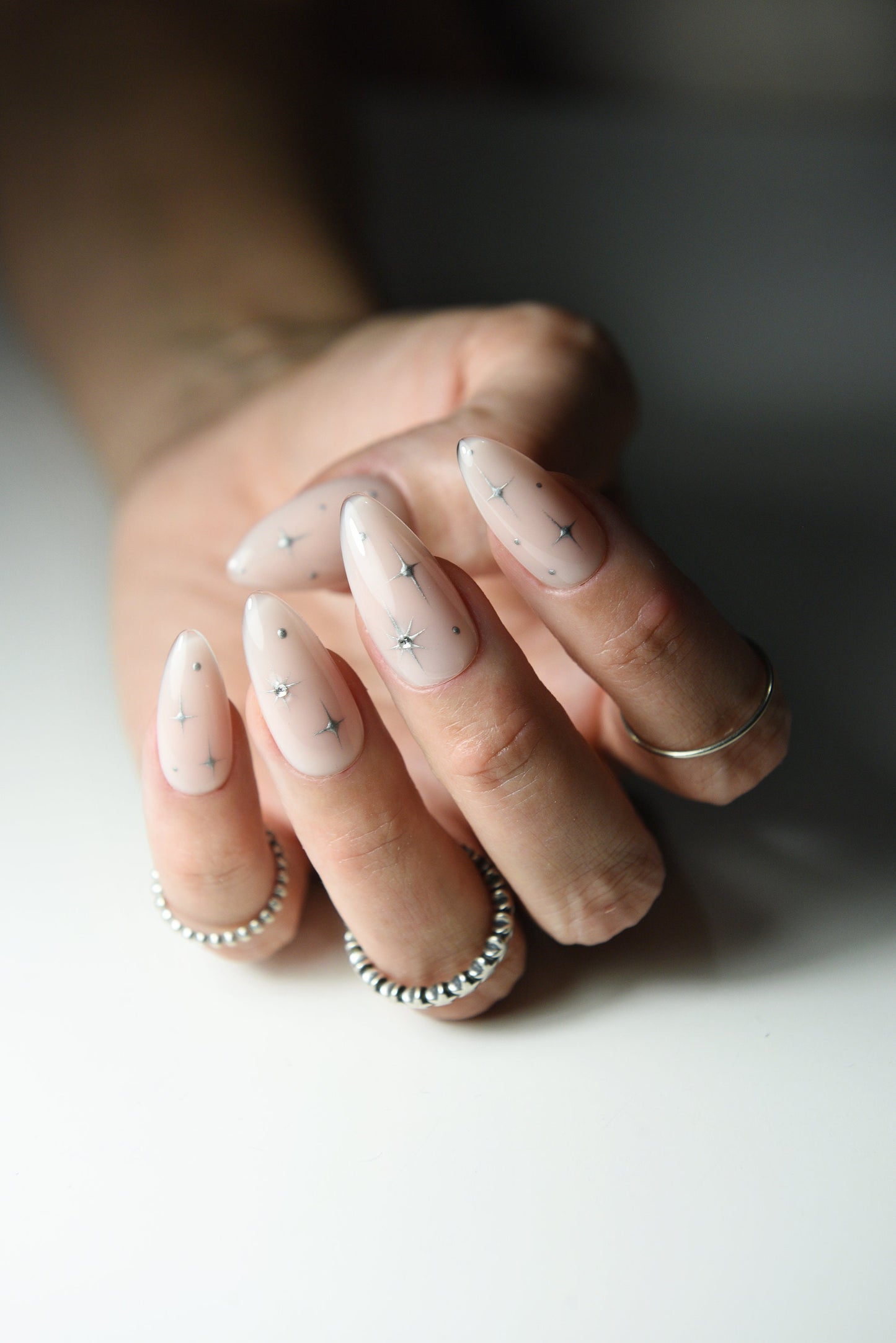 Nude Press On Nails with Silver Stars and Rhinestones – Cute Reusable Fake Nails, Handmade Luxury Set