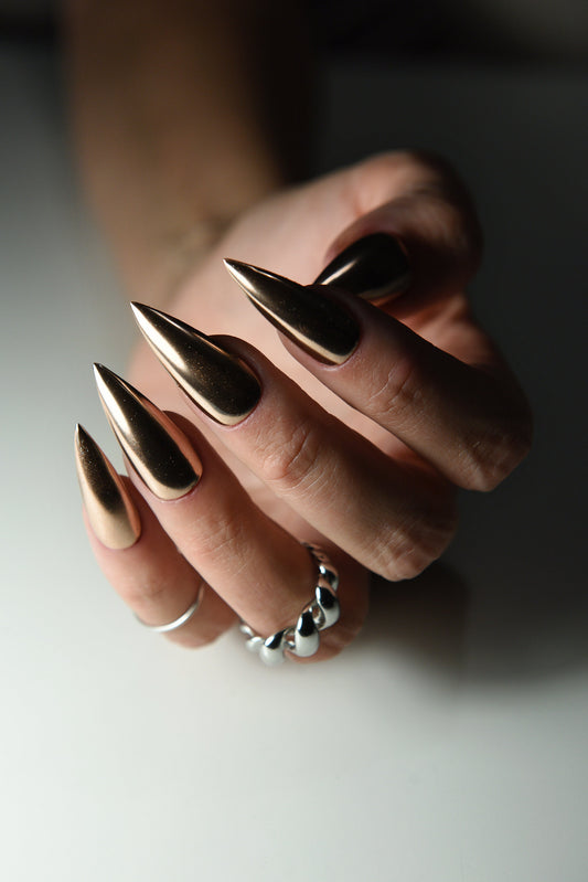 MIRROR CHROME COPPER reusable luxury shiny press on nails gift for her, stiletto, coffin long short fake glue on set of 10 nails, acrylic – Luxury Handmade Reusable Press On Nails