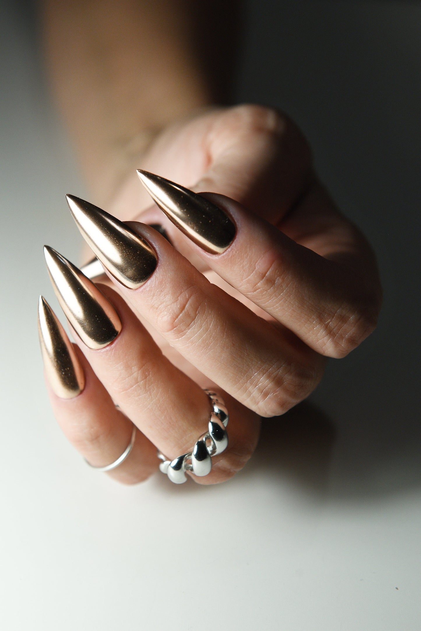 Mirror Chrome Copper Press On Nails – Shiny Reusable Handmade Set, Luxury Gift for Her, Long or Short, Stiletto, Coffin, Acrylic Look – Custom Set of 10