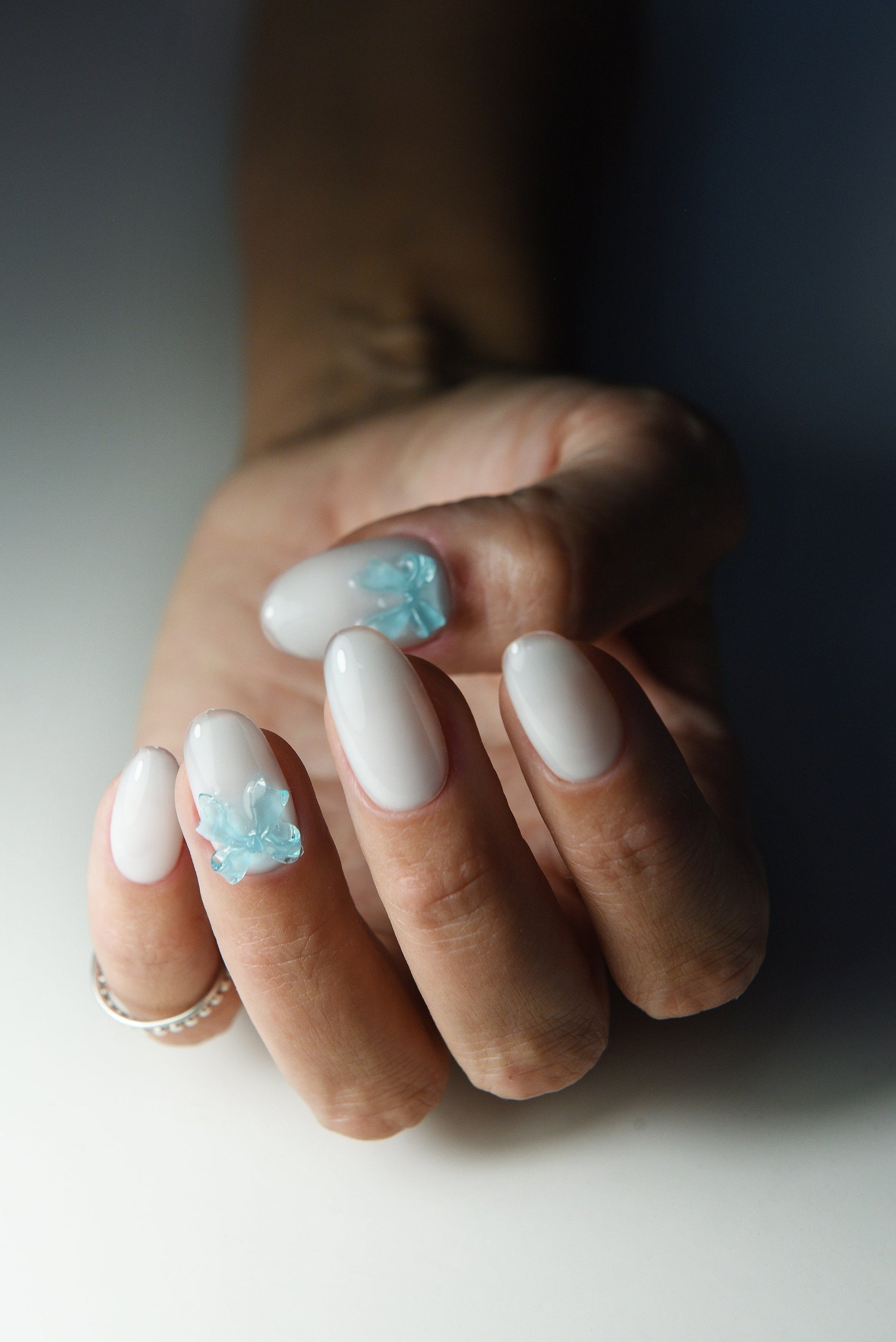 Coquette Blue Ribbon Milky Reusable press on nails, balletcore, Stiletto Oval Almond Square Coffin Balerina, Long Medium Short, girly gift