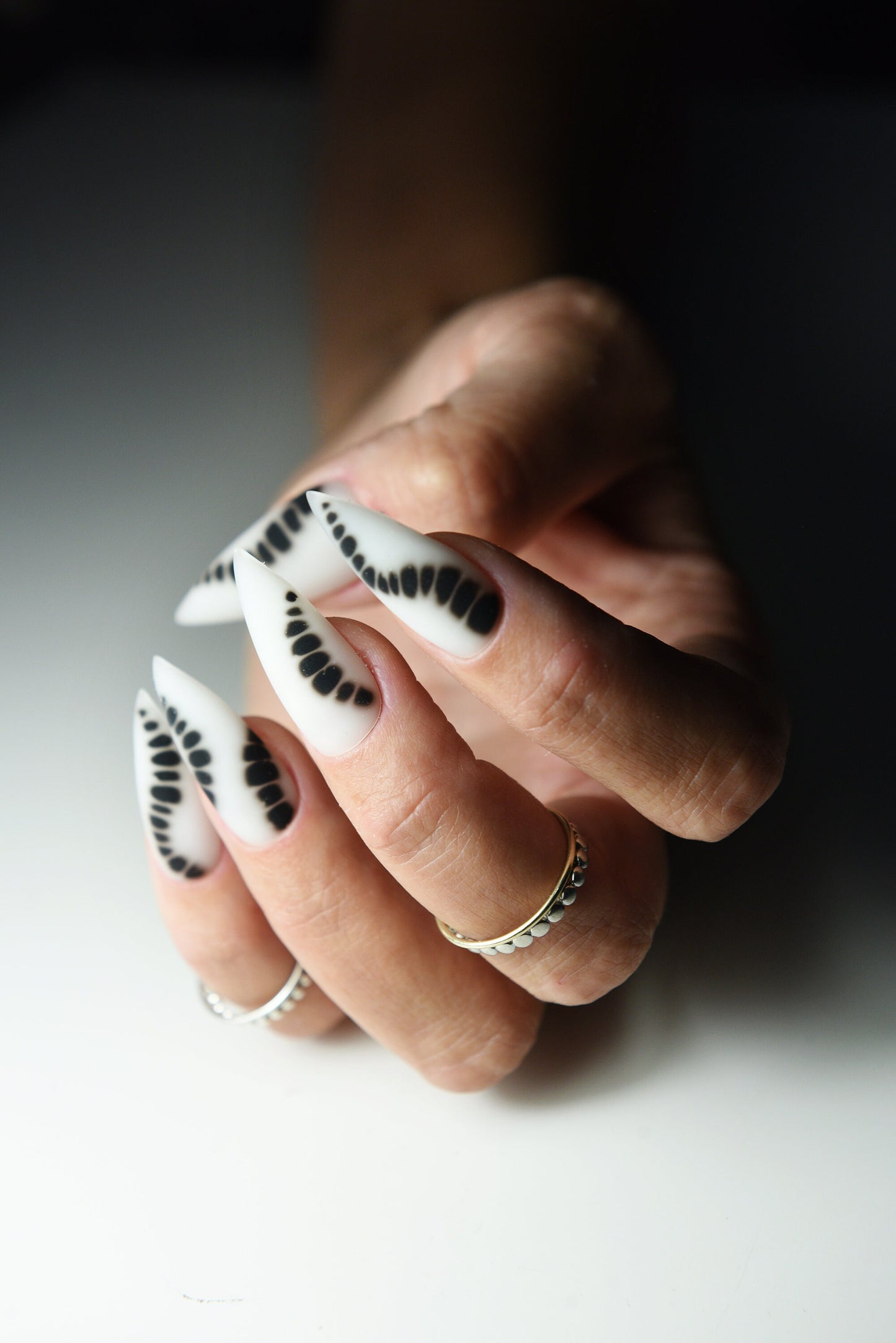 Blooming Black Press On Nails – Milky White Base, Bold Floral Nail Art, Handmade Reusable Set – Luxury Press Ons