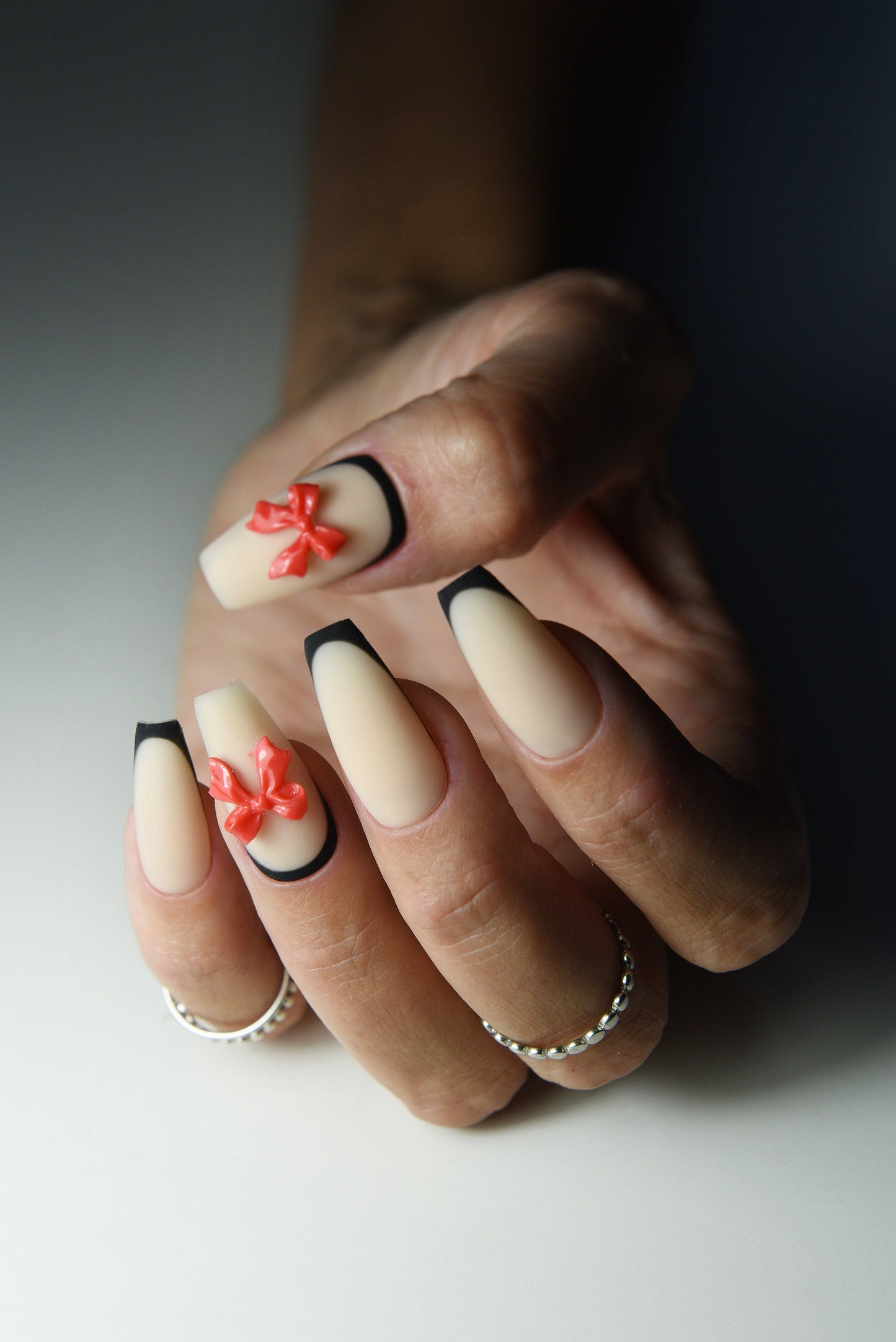 COQUETTE BOW BALLETCORE Nude Press On Nails Acrylic Quality, Medium Coffin, Long Square, Short Almond, Black French With Red 3D Nail Charm