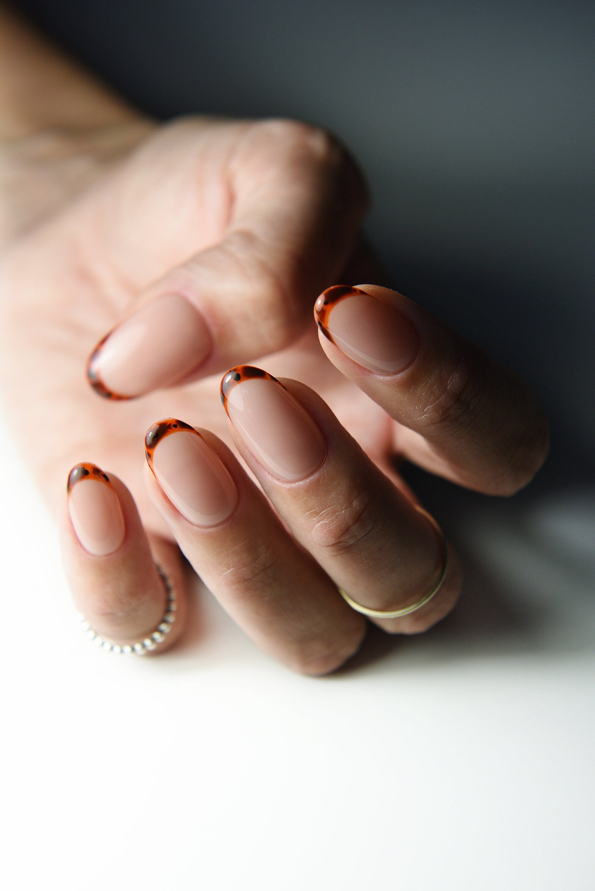 TORTOISE SHELL FRENCH torties, thin line classy french, builder base acrylic press on nails, long, short, stiletto, coffin, almond, spring – Luxury Handmade Reusable Press On Nails