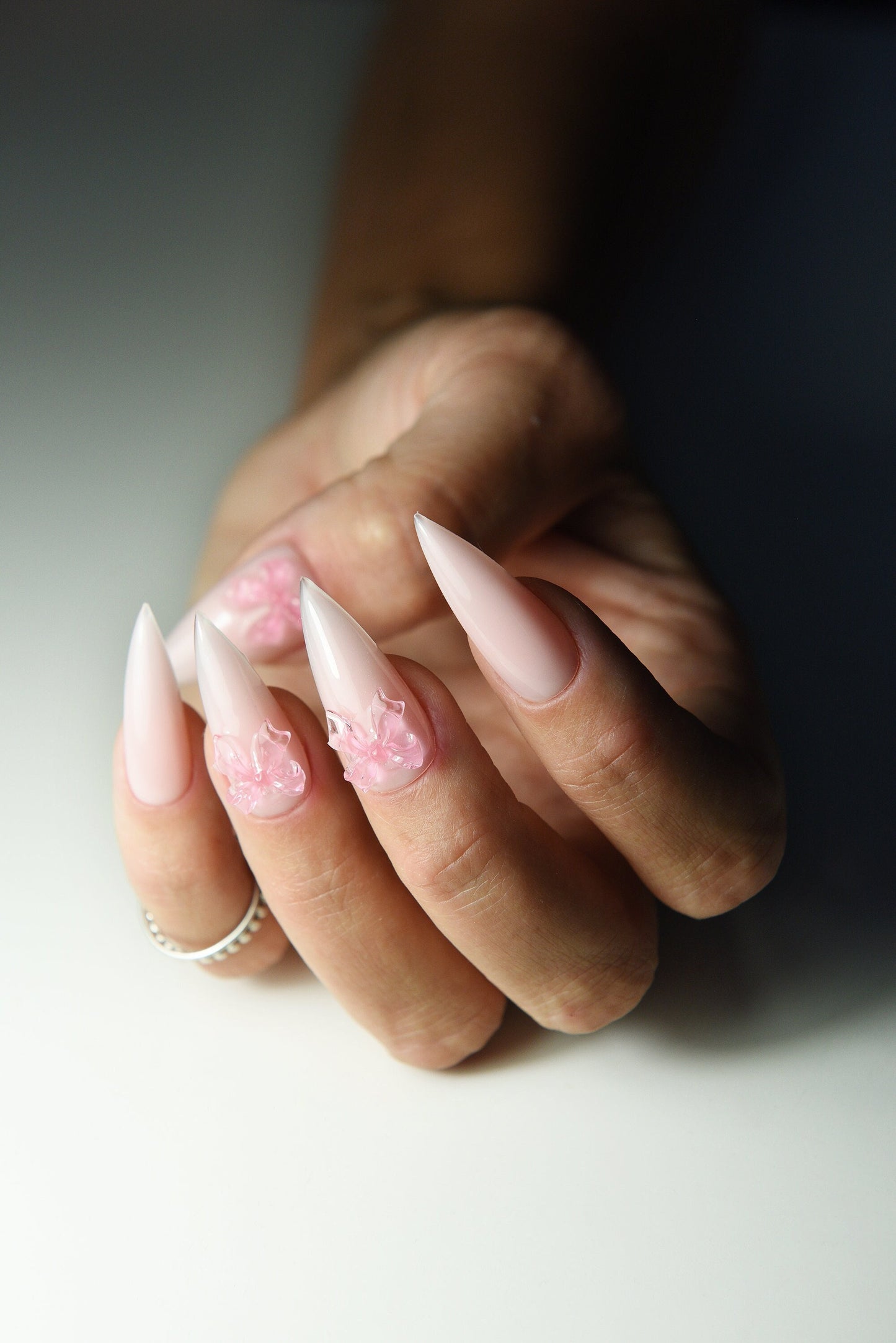 Coquette Ribbon Milky Pink Reusable press on nails, balletcore, Stiletto Oval Almond Square Coffin Balerina, Long Medium Short, girly gift – Luxury Handmade Reusable Press On Nails