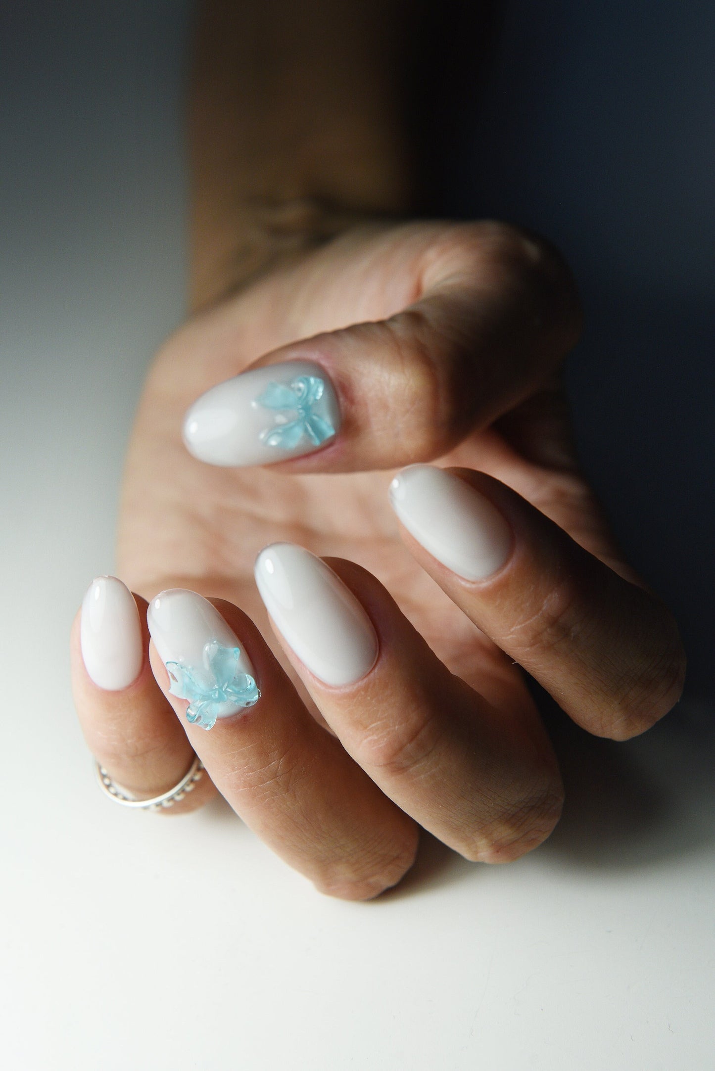 Coquette Blue Ribbon Milky Reusable press on nails, balletcore, Stiletto Oval Almond Square Coffin Balerina, Long Medium Short, girly gift