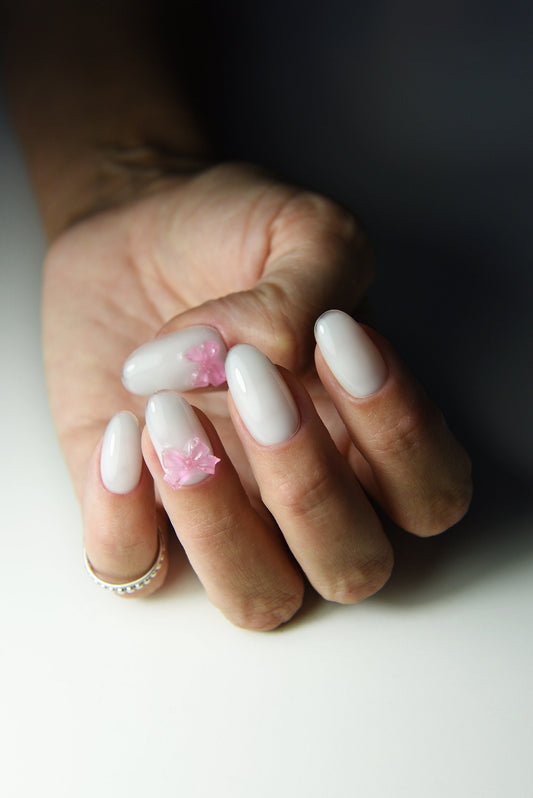 Coquette Pink Ribbon Milky Reusable press on nails, balletcore, Stiletto Oval Almond Square Coffin Balerina, Long Medium Short, girly gift – Luxury Handmade Reusable Press On Nails