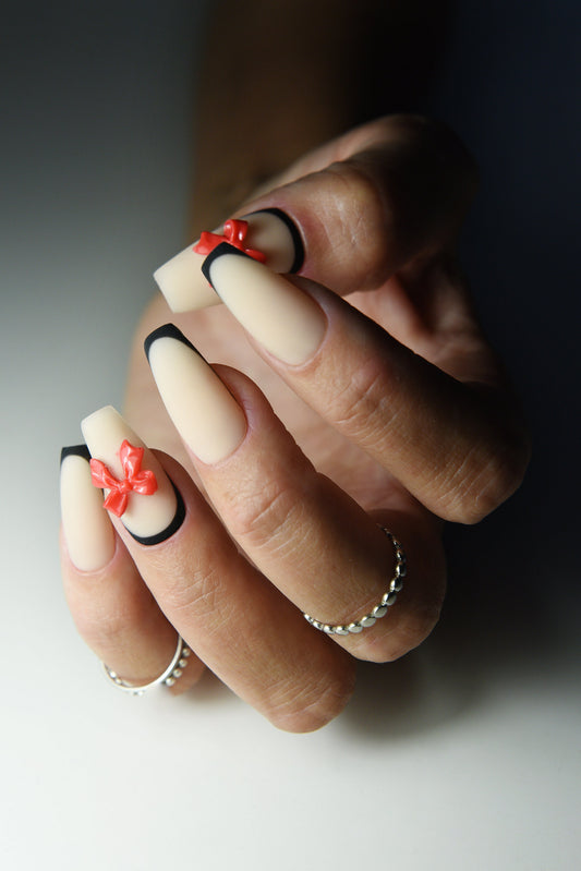 COQUETTE BOW BALLETCORE Nude Press On Nails Acrylic Quality, Medium Coffin, Long Square, Short Almond, Black French With Red 3D Nail Charm