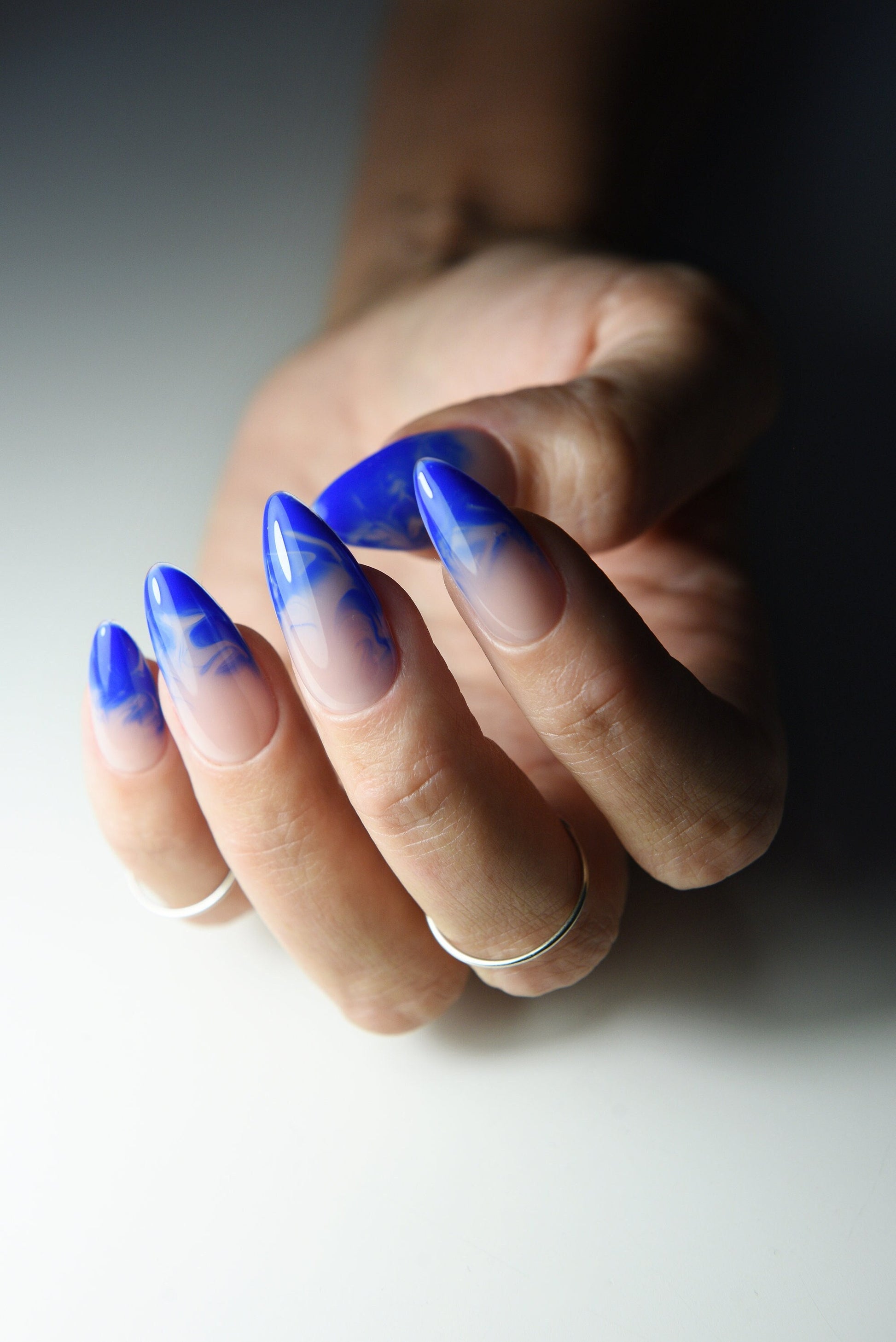 BLUE SMOKE ROYAL Nudes, 10 Gel Press On Nails, salon quality acrylic, cobalt summer blue, party nails, gift for mom, almond, stiletto, long – Luxury Handmade Reusable Press On Nails