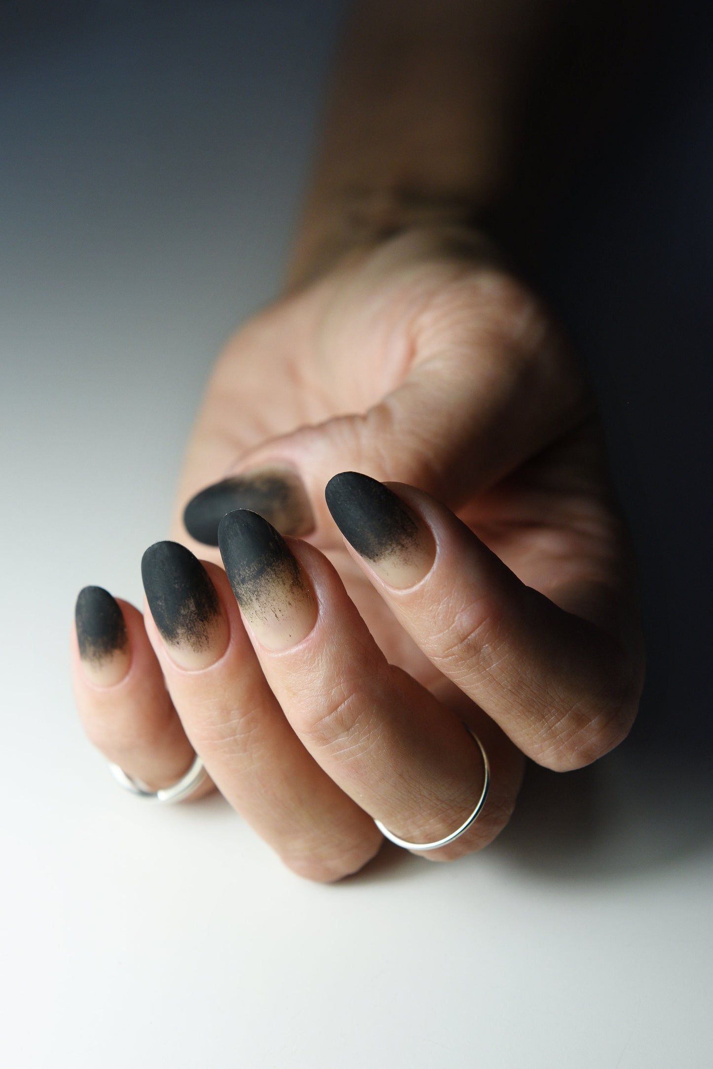Nude to Black Ombre Press-On Nails – Dirty Tip Gothic Style | Handmade Reusable Fake Nails for Cosplay, Goth or Witch Aesthetic
