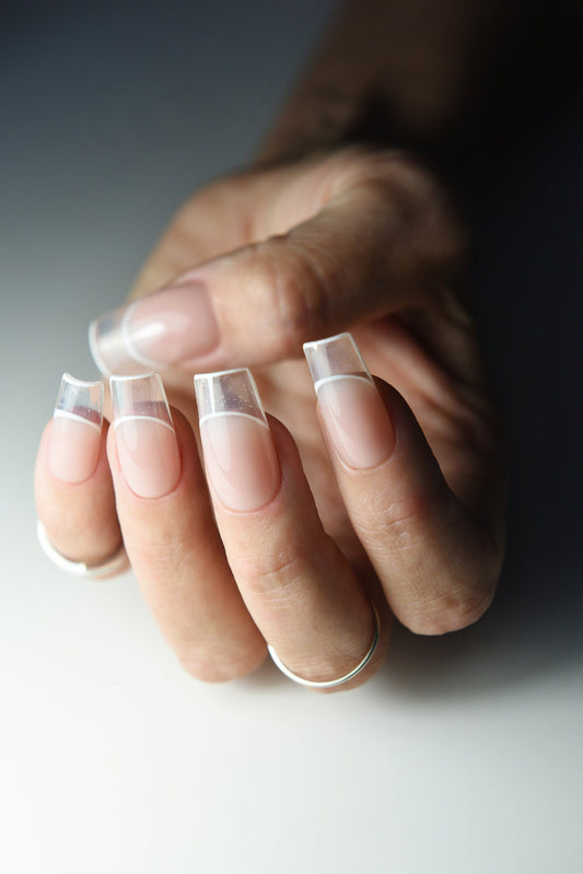 ROYAL GLASS FRENCH, Clean Girl Aesthetic Press On Nails, Wedding Nail Idea, Old Money Style Reusable Long Short Almond Square Stiletto, Gel – Luxury Handmade Reusable Press On Nails