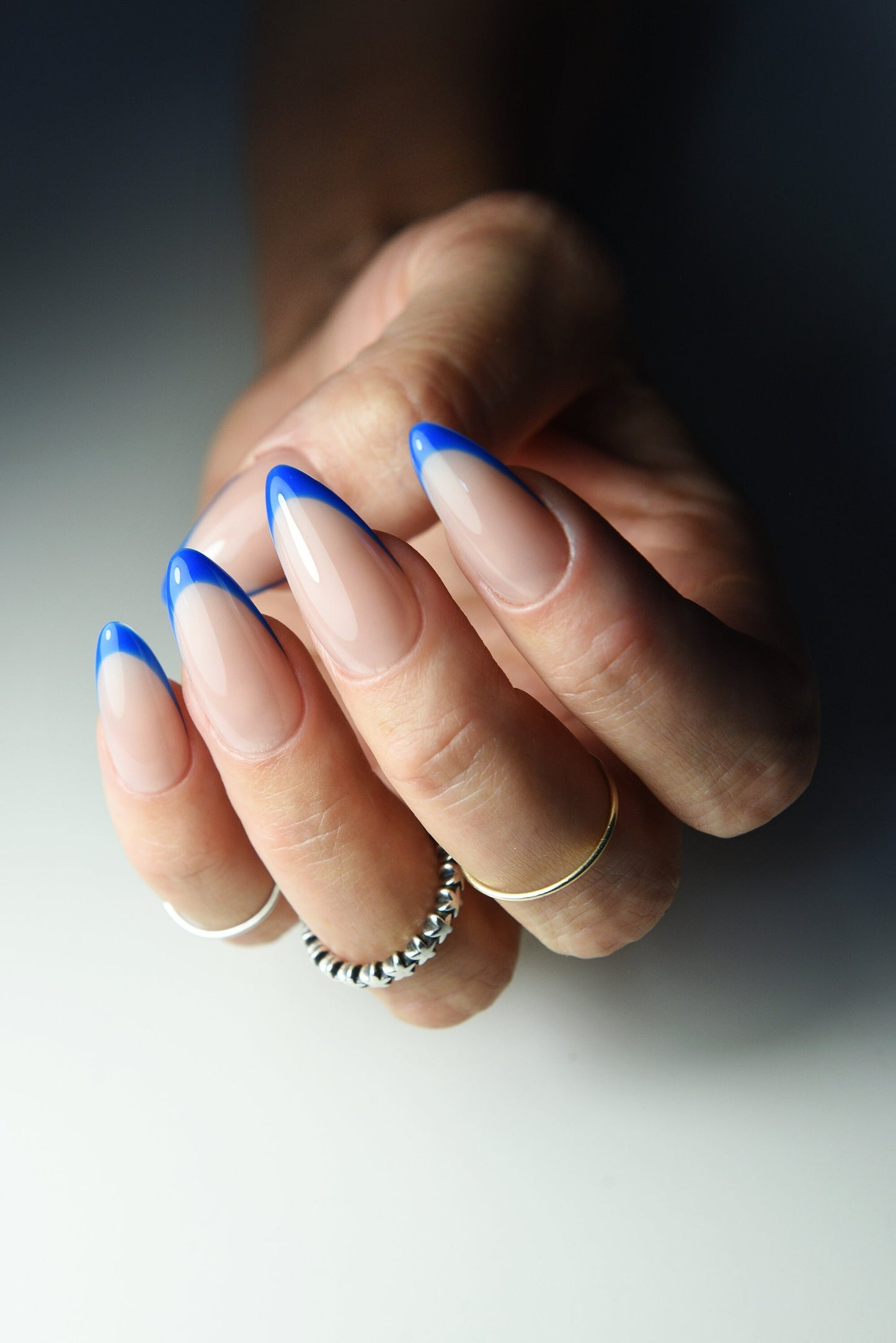 THE BLUE FRENCH Press On Nails summer outfit, girlfriend gift, present for mom, daughter, medium almond, short square, squoval, press ons – Luxury Handmade Reusable Press On Nails