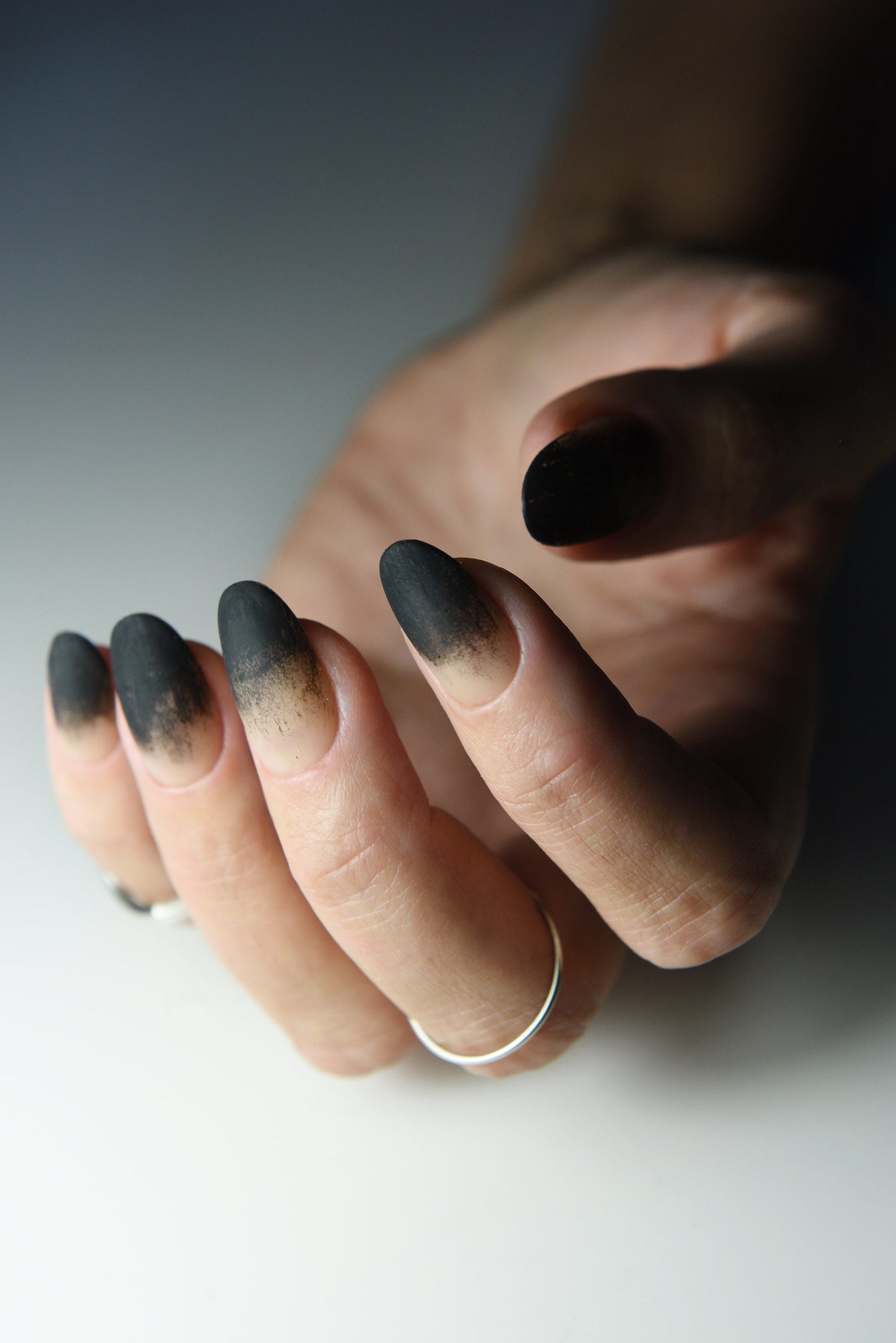 Nude to Black Ombre Press-On Nails – Dirty Tip Gothic Style | Handmade Reusable Fake Nails for Cosplay, Goth or Witch Aesthetic