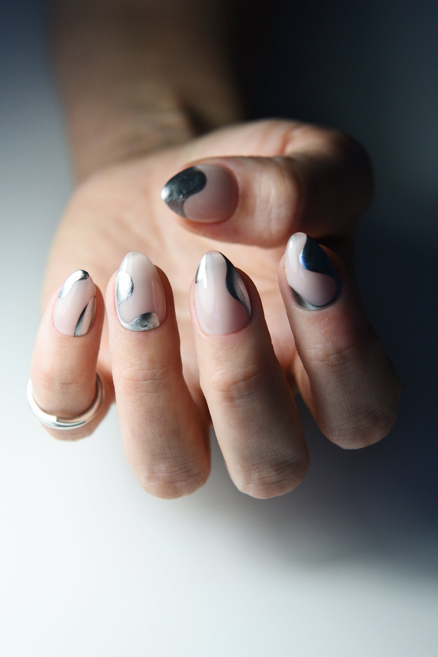 Silver Waves Chrome Press On Nails – Cream Nude Nails, Cute Wavy Tip Design, Handmade Reusable Luxury Set, Girlfriend Gift