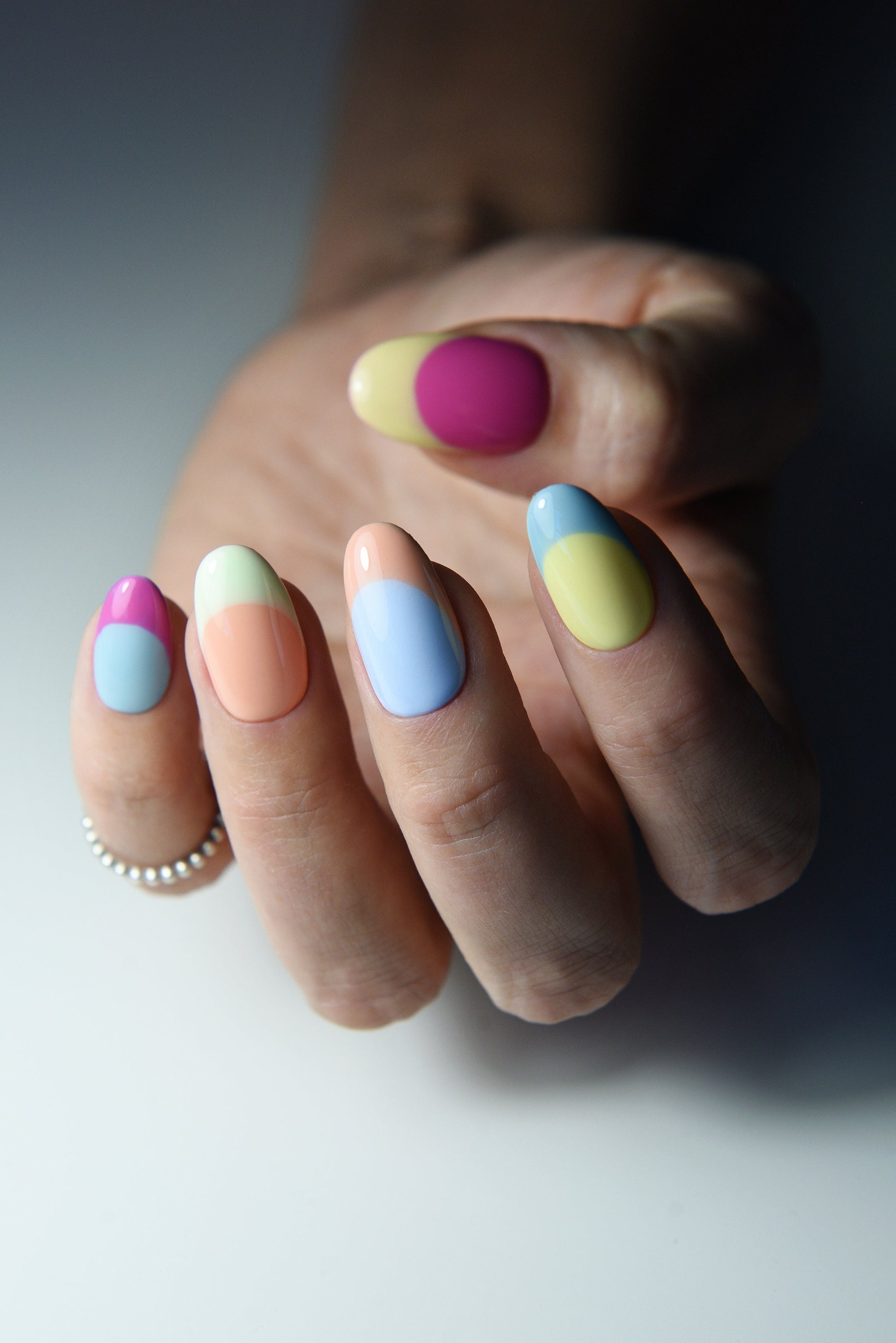 PASTEL COLOR BLOCK French Press On Nails, french tips, colorful summer nails, nail art, personalised gift for girl, short oval press ons