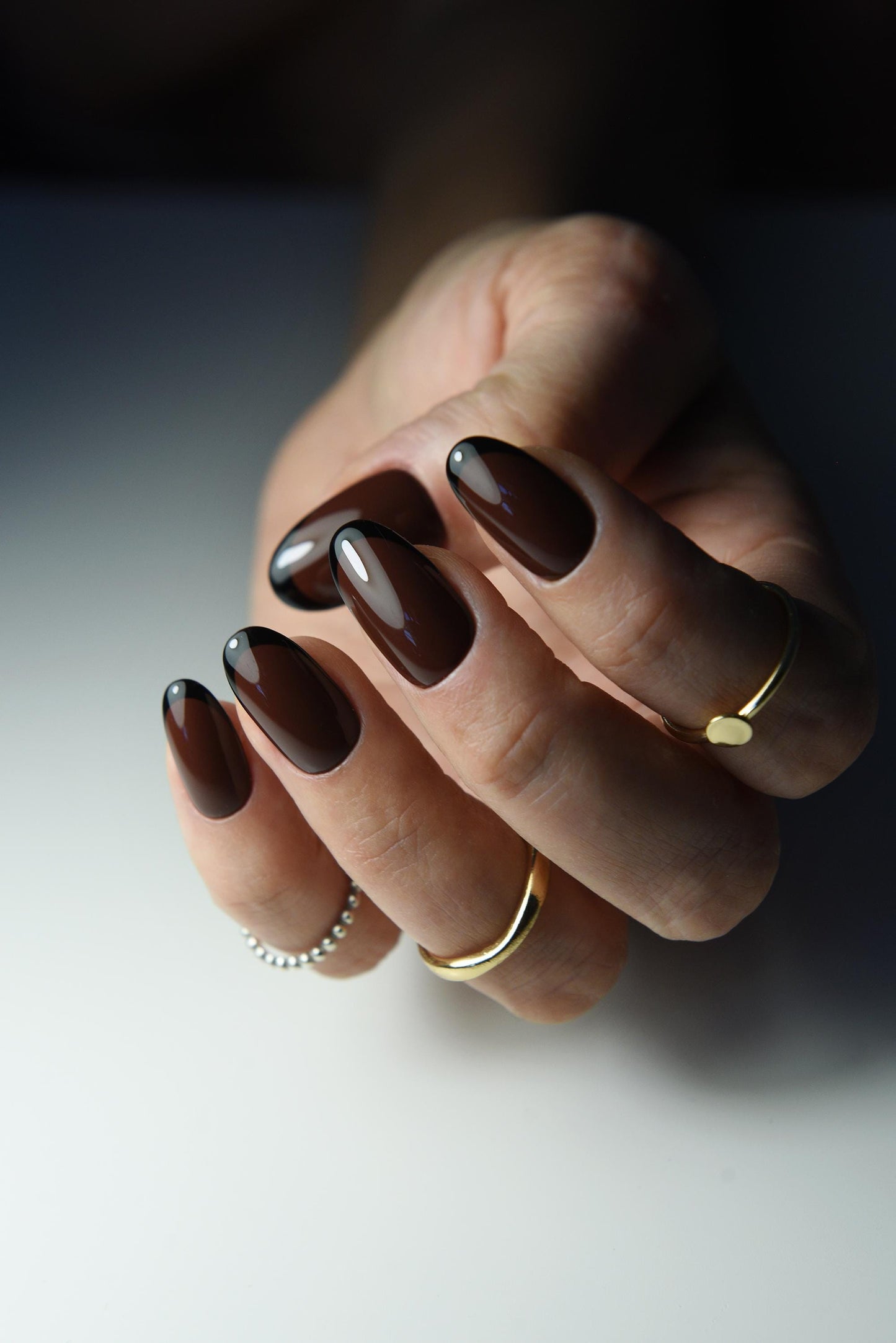 Black French Press-On Nails – Brown Chestnut Autumn Colors, Handmade & Reusable