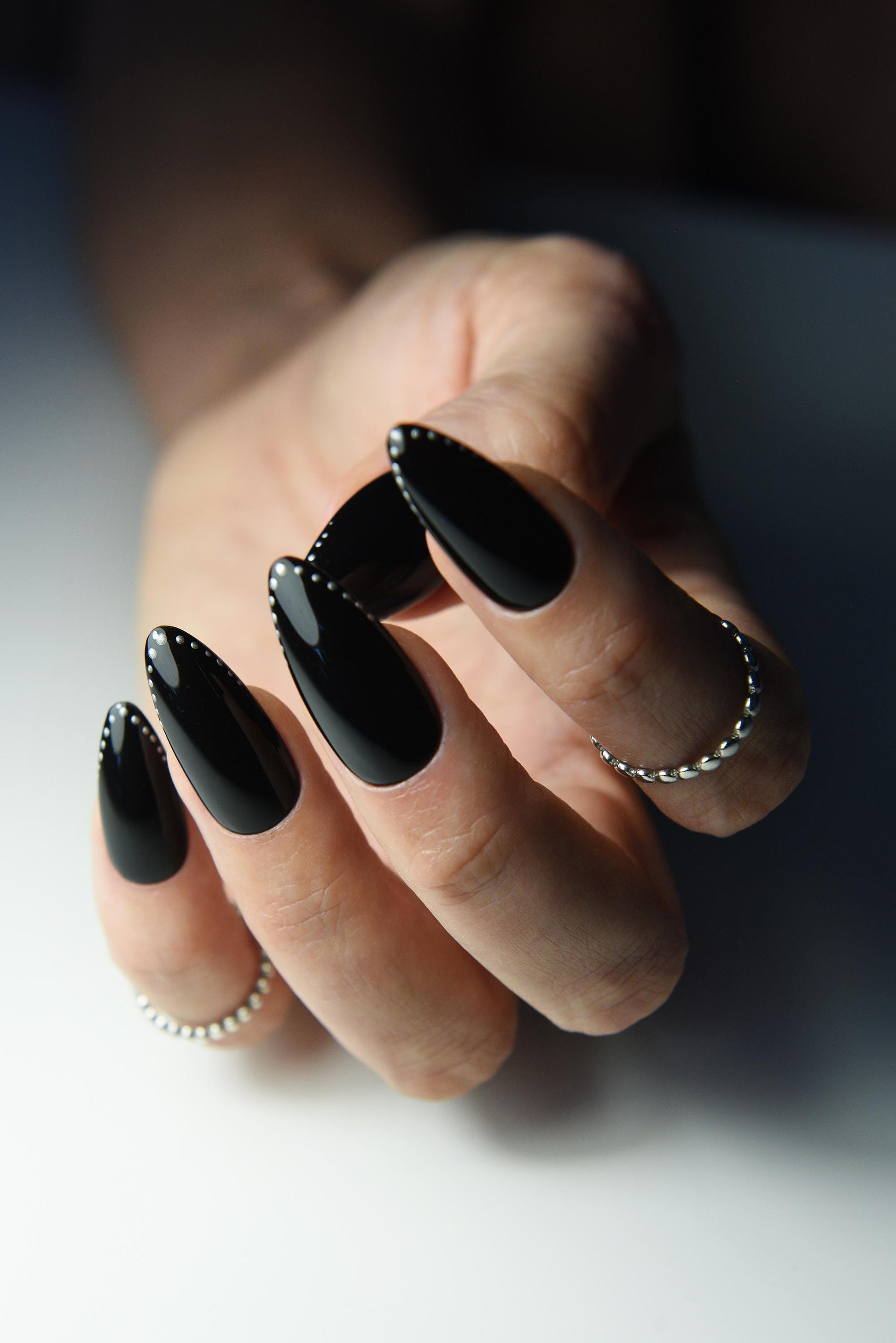 SILVER STUDS Press On Nails, fall dark style, almond, stiletto, oval, coffin, reusable luxury fake glue on nails, acrylic long, short goth