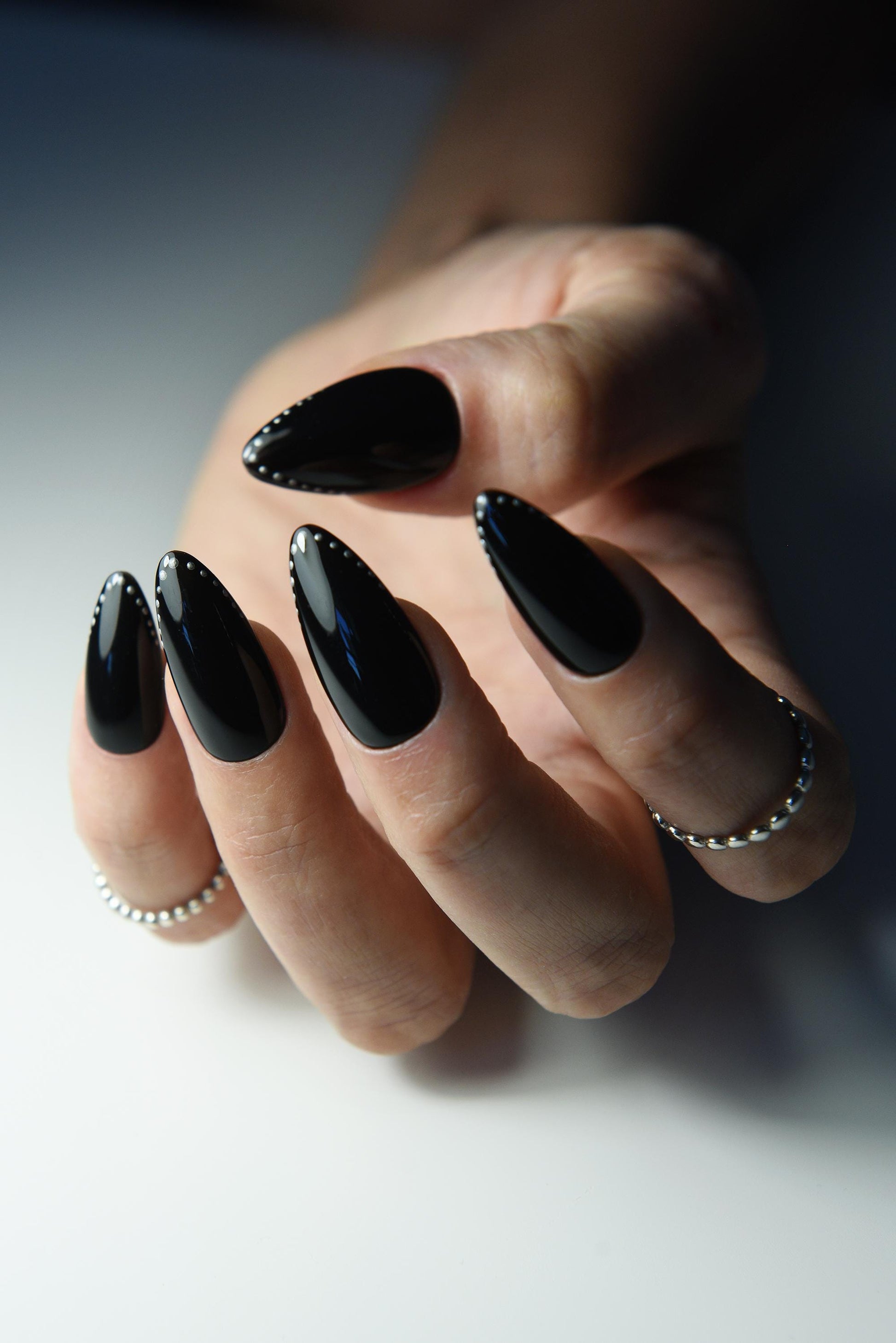 SILVER STUDS Press On Nails, fall dark style, almond, stiletto, oval, coffin, reusable luxury fake glue on nails, acrylic long, short goth