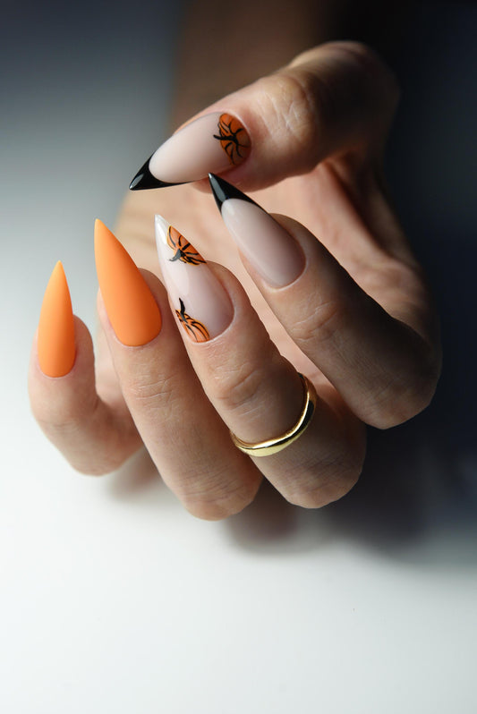 PUMPKIN DREAM Fall nails in shades of orange colors, cream builder base, set for autumn lovers, cute pumpkin nail art, long stiletto, short – Luxury Handmade Reusable Press On Nails