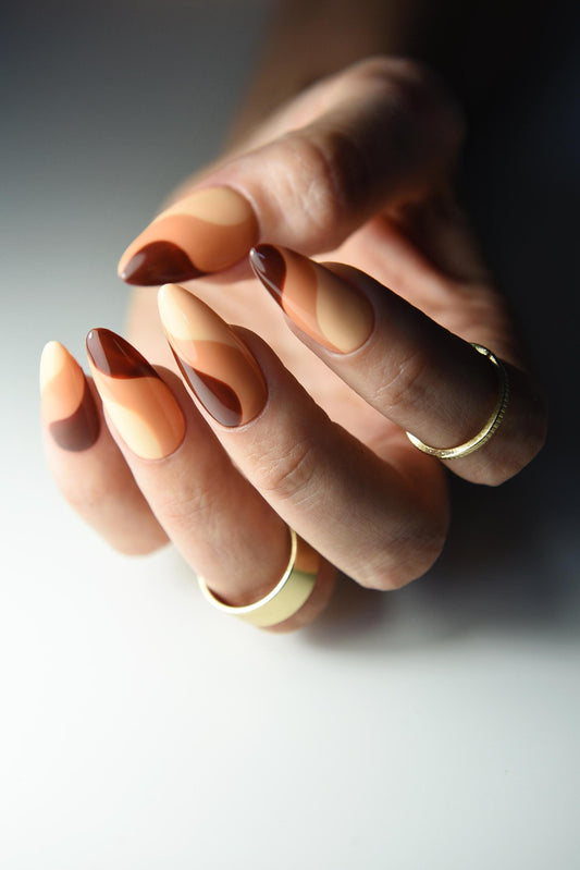 SWIRLS Autumn Fall, Pumpkin Orange, Brown Press On Nails, fake nails, reusable handpainted set, long stiletto, short square, medium almond – Luxury Handmade Reusable Press On Nails