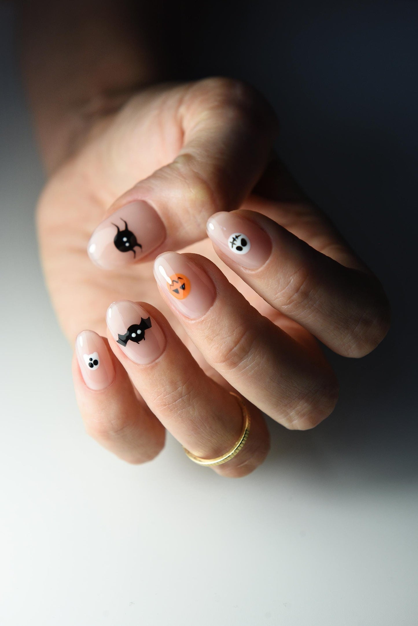 SPOOKY Spider, Pumpkin, Ghost, Bat, Mini Nail Art for Halloween, Cute Boo Press On nails, Tiny drawings, short oval, girly fall autumn nails – Luxury Handmade Reusable Press On Nails