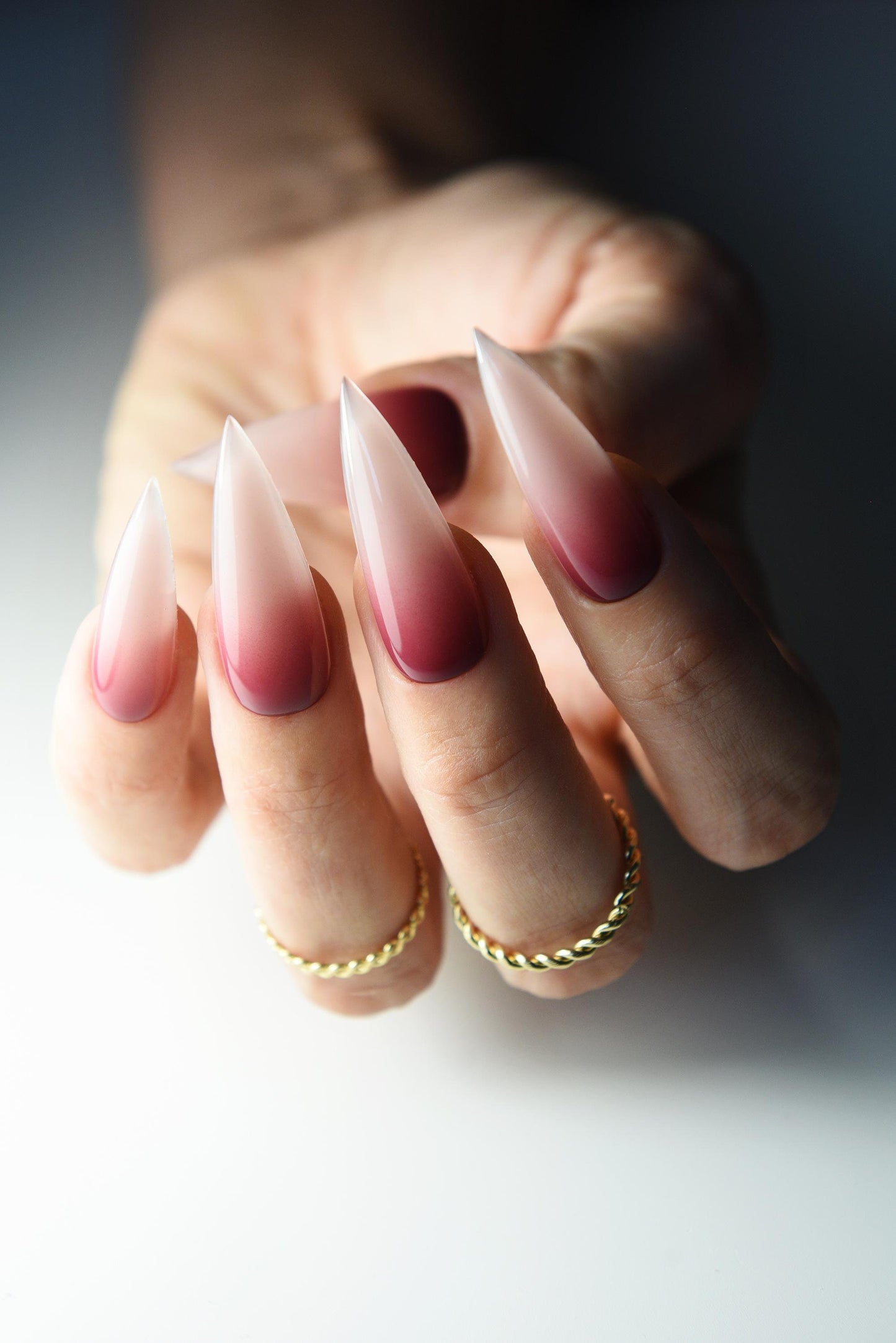 GOTH OMBRE Red to Nude Press On Nails Stiletto Almond Square Long Short, Reusable, acrylic like gothic fake nails, goth girl aesthetic – Luxury Handmade Reusable Press On Nails