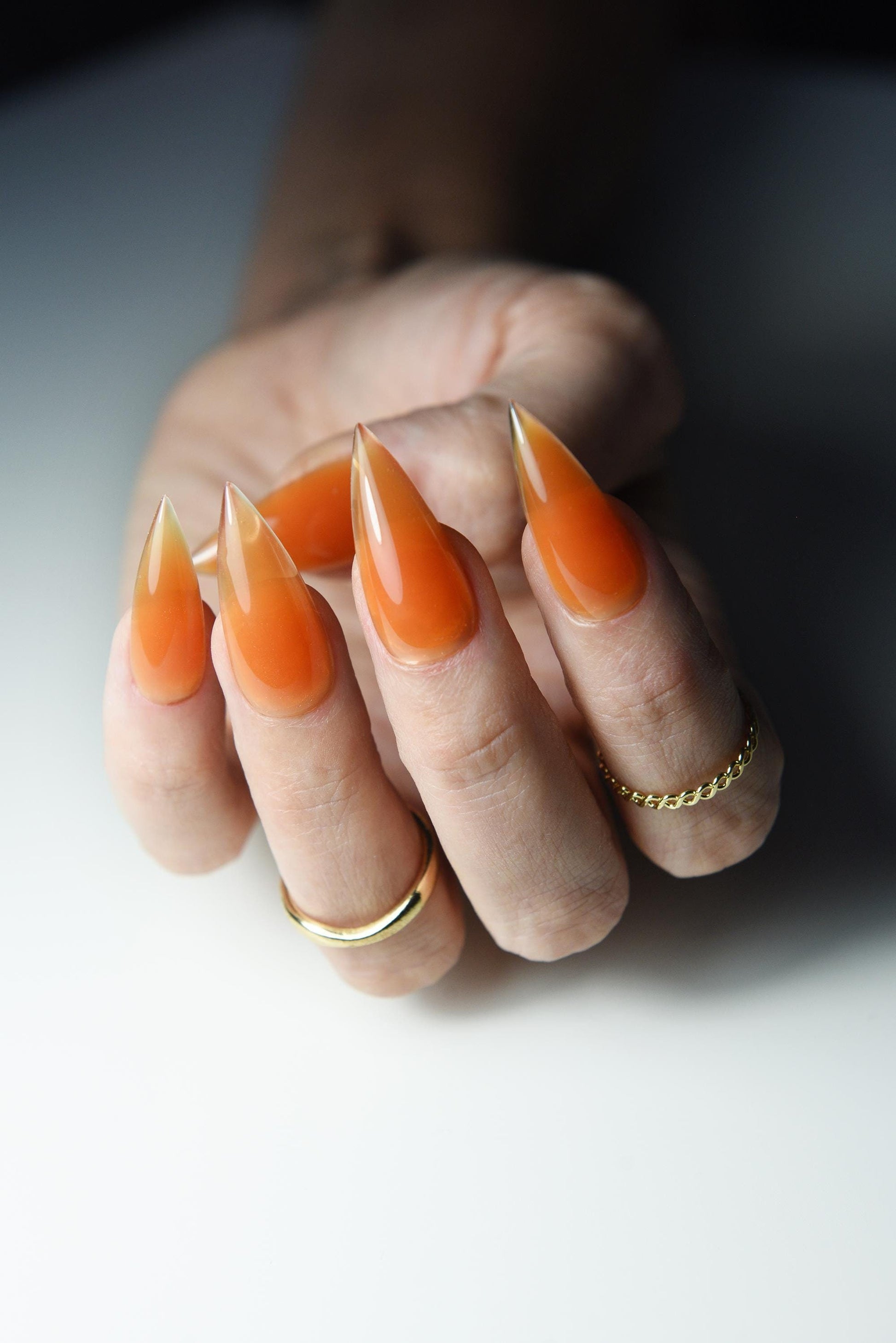 JELLY ORANGE Korean style press on nail art, gothic simple clean nails for fall winter, halloween nails, goth, stiletto long medium short
