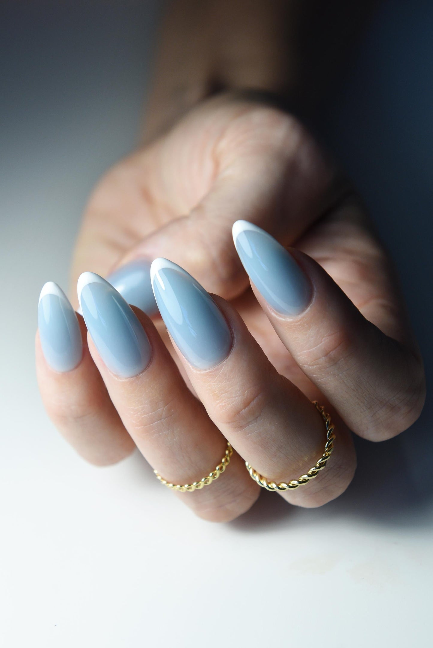 Blue Gray Jelly French Press On Nails – White Tips, Reusable Handmade Winter Gift Set