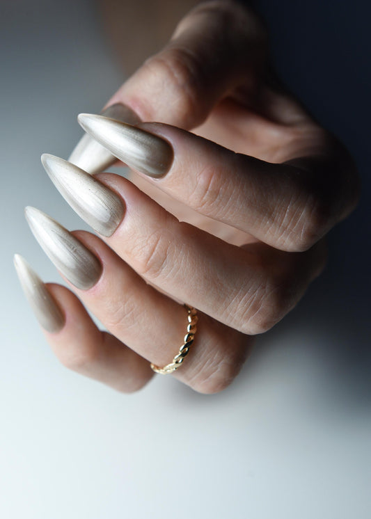 COLD STEEL Nude Shiny Press On Nails | Cat Eye Set Salon Quality | Gel pressons | Acrylic Quality | Gift For Date | Stiletto Acrylic Like