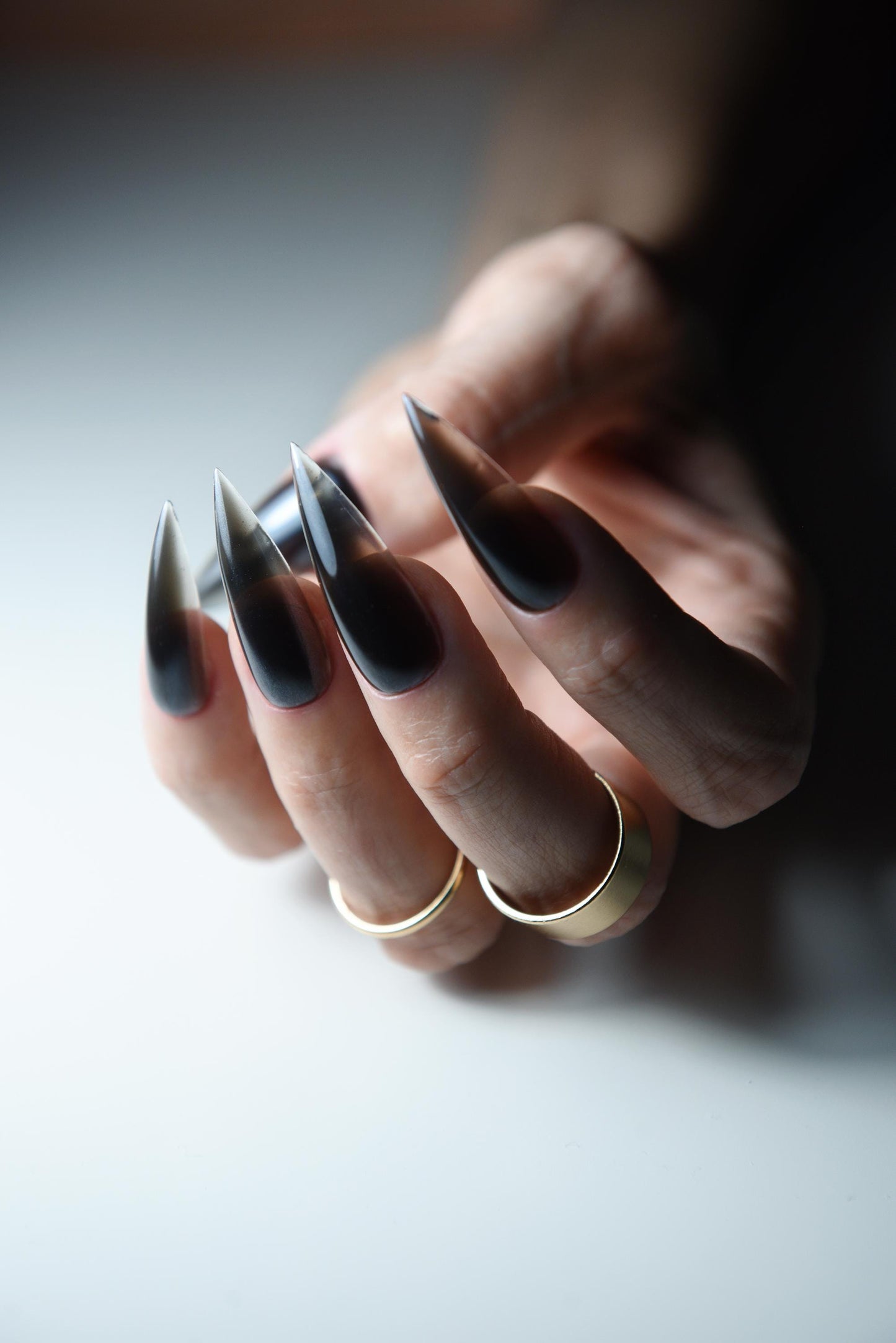 Smokey Chrome Glass Black Press On Nails – Korean Style Luxury Reusable Set – Handmade Fake Nails for Goth, Long or Short