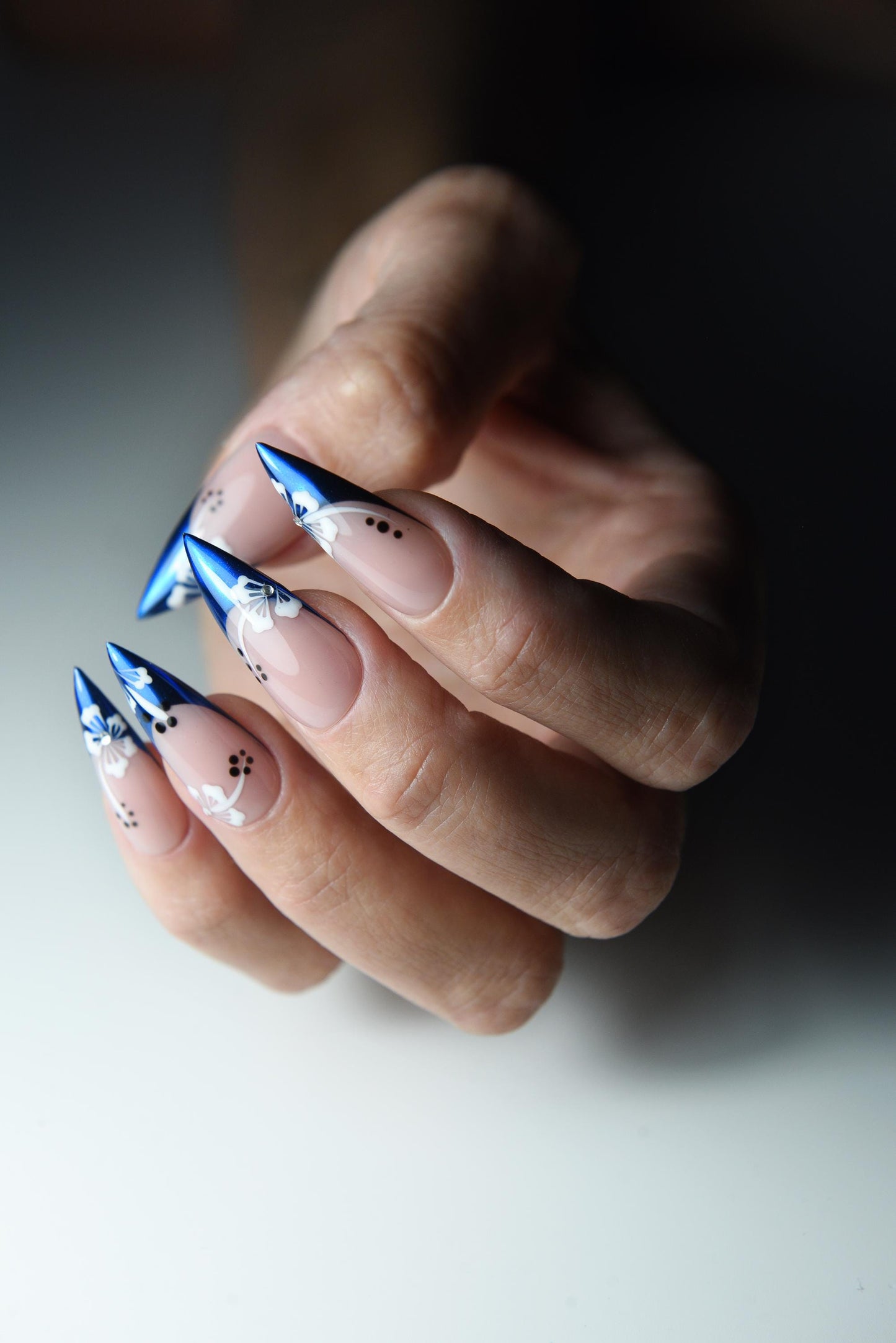 Chrome Floral Stiletto Press-On Nails – Navy French Tip, Handmade & Reusable